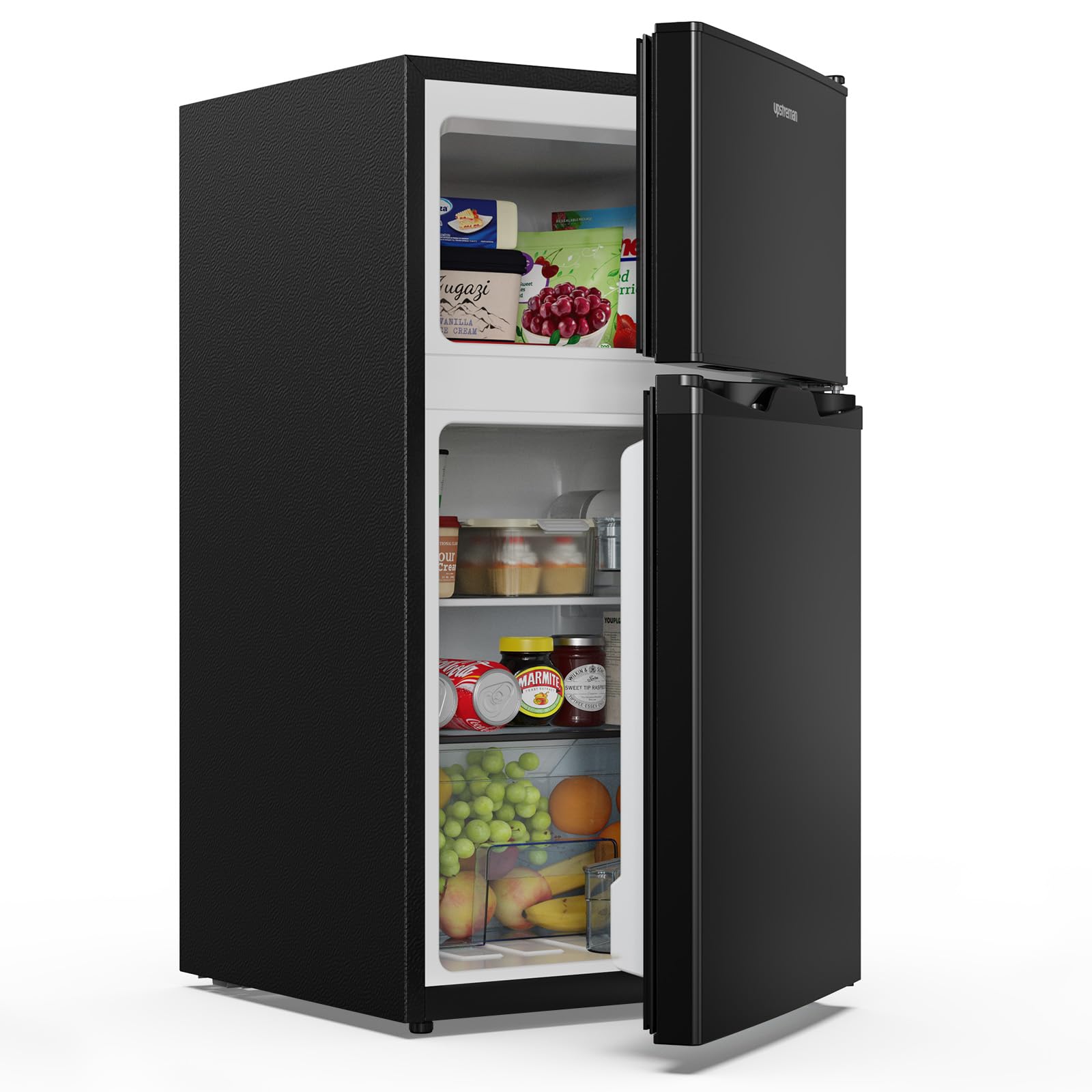 Upstreman 84L Kühl Gefrierkombination, Kühlschrank mit Gefrierfach oben，39dB Leise und LED Beleuchtung，Kleiner Kühlschrank mit 2 Wechselbare Tür, TM84 Schwarz Angebot bei HelloDeals