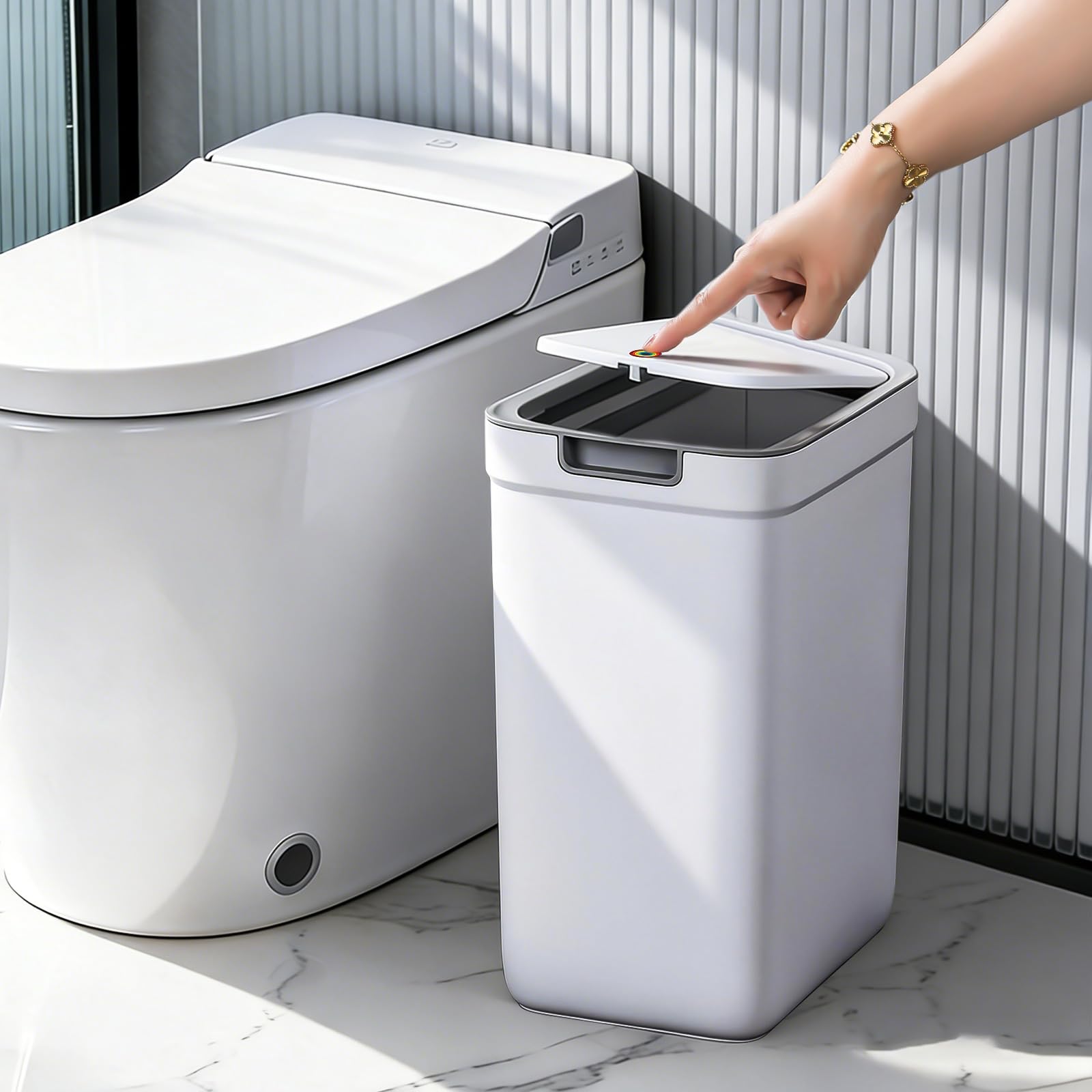 MOPUP Kleiner Badezimmer-Mülleimer mit Deckel, 9 l/2,4 Gallonen, schmaler Mülleimer, Papierkorb aus Kunststoff mit aufklappbarem Deckel, hundesicher für Badezimmer, Küche, Schlafzimmer, Wohnzimmer 1 Medium Angebot bei HelloDeals