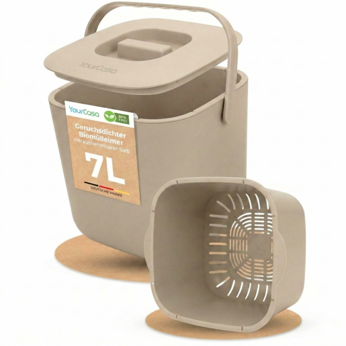 YourCasa Biomülleimer Küche 7L - Komposteimer mit herausnehmbarem Sieb & Deckel - geruchsdicht, spülmaschinenfest & ohne Biomülltüten - Bio Mülleimer für selteneres Entleeren (Beige) 7 Liter Beige Angebot bei HelloDeals