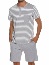 Schlafanzug Herren Kurz aus Baumwolle mit Kontraststreifen Design, Sommer Pyjama Set Oberteile und Kurze Hosen für Vater und Partner XL 205-grau Angebot bei HelloDeals