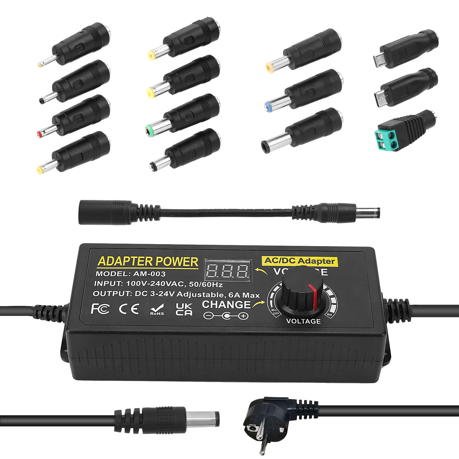 144W Universal Einstellbares Netzteil Adapter 100V-240V AC to DC 3V-24V 6A Konverter Netzteil, Einstellbarer Netzadapter mit 14 Tipps & Polaritätskabel-6A Max 3-24V6A 144W Angebot bei HelloDeals
