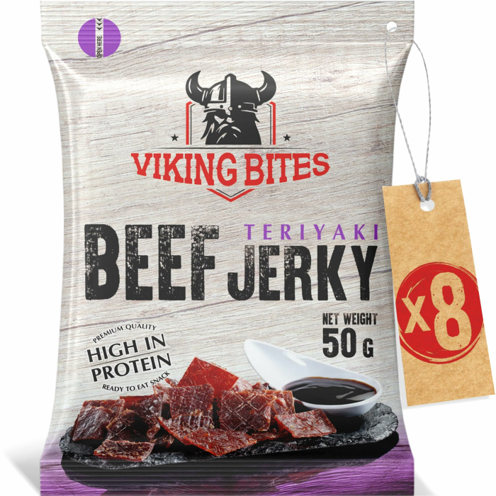 Viking Bites Beef Jerky Teriyaki 400g (8 x 50g) – Getrocknetes Rindfleisch – Fleischsnack mit hohem Proteingehalt Teriyaki 8 x 50g Angebot bei HelloDeals