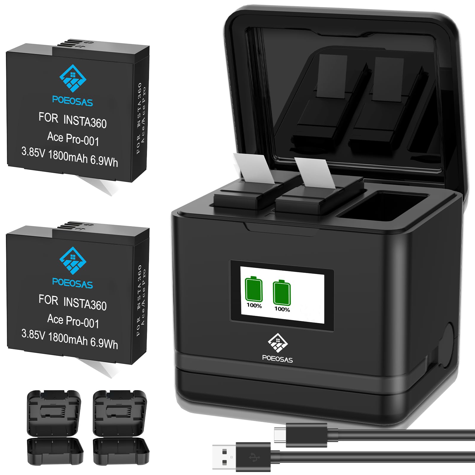 360 Ace Pro Ersatz Akku, 2 Pack 1800mAh Akkus mit 3-Slot LCD Ladegerät Kit Kompatibel mit insta360 Ace Pro/Ace Pro 2 Kamera, Akku Schutzhülle*2 für insta360 Acepro Kamera 2-Pack Angebot bei HelloDeals