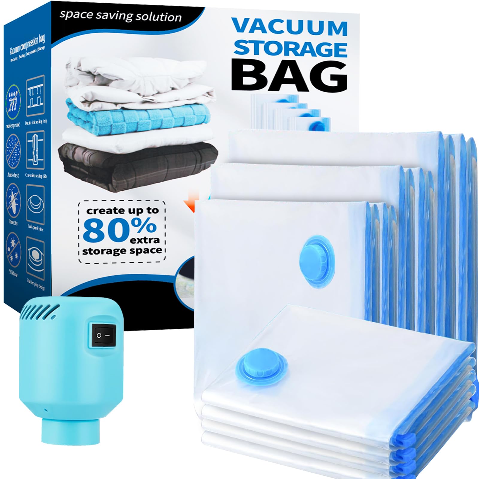 Vakuumbeutel für Kleidung Bettdecken mit Elektrische Pumpe 10 Stück, 2XL+2L+2M+4S Wiederverwendbar Vacuum Bags für Lagerung für Bettwäsche Kissen,Umzug und Reise, Vacuum bags for clothing 2XL+2L+2M+4S 10 Angebot bei HelloDeals