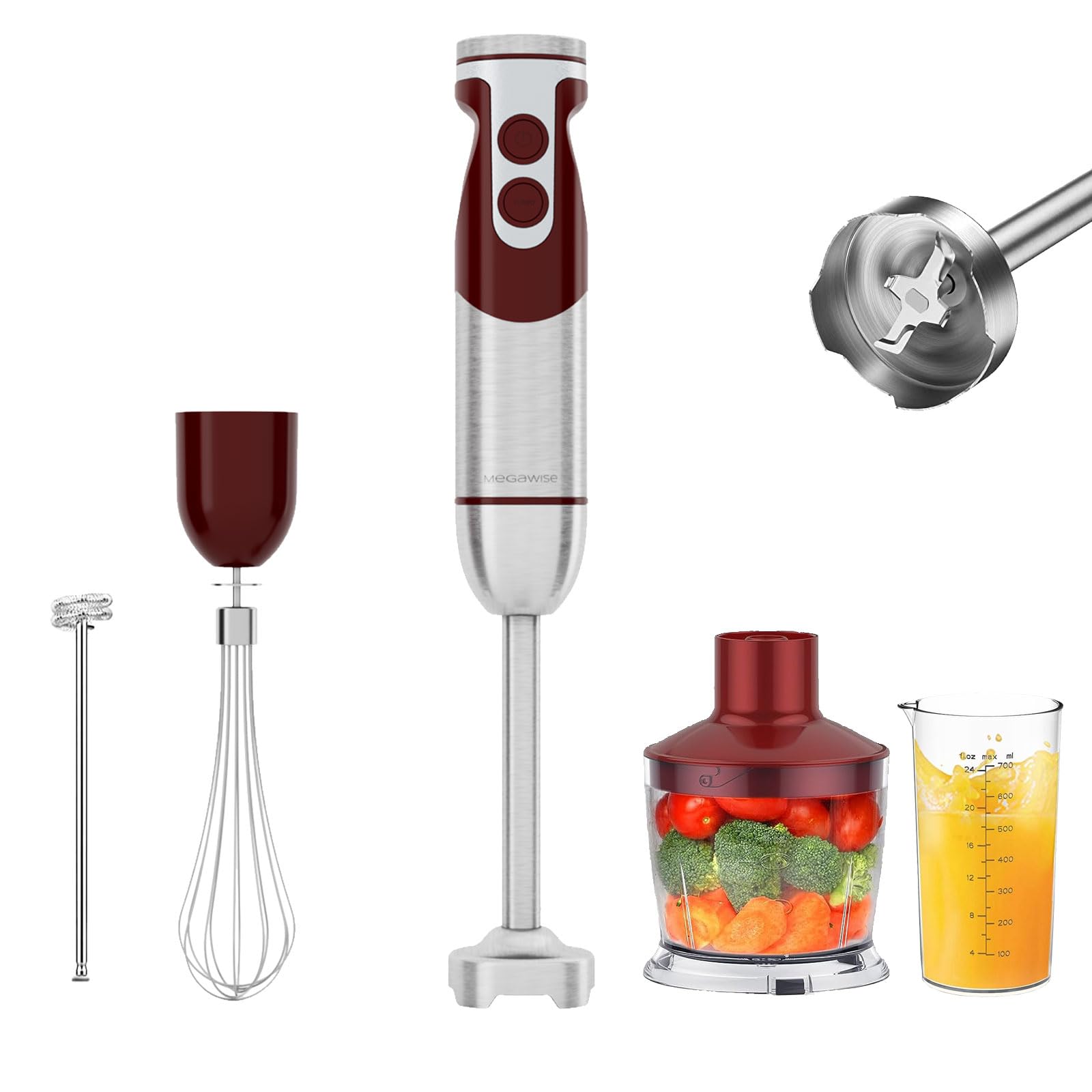 MegaWise 5-in-1 Stabmixer-Set, 400W Stabmixer mit variabler Geschwindigkeitsregelung, inklusive Schneebesen, Milchaufschäumer, Zerkleinerer und Messbecher für Smoothies, Suppen und Babynahrung – Rot Angebot bei HelloDeals