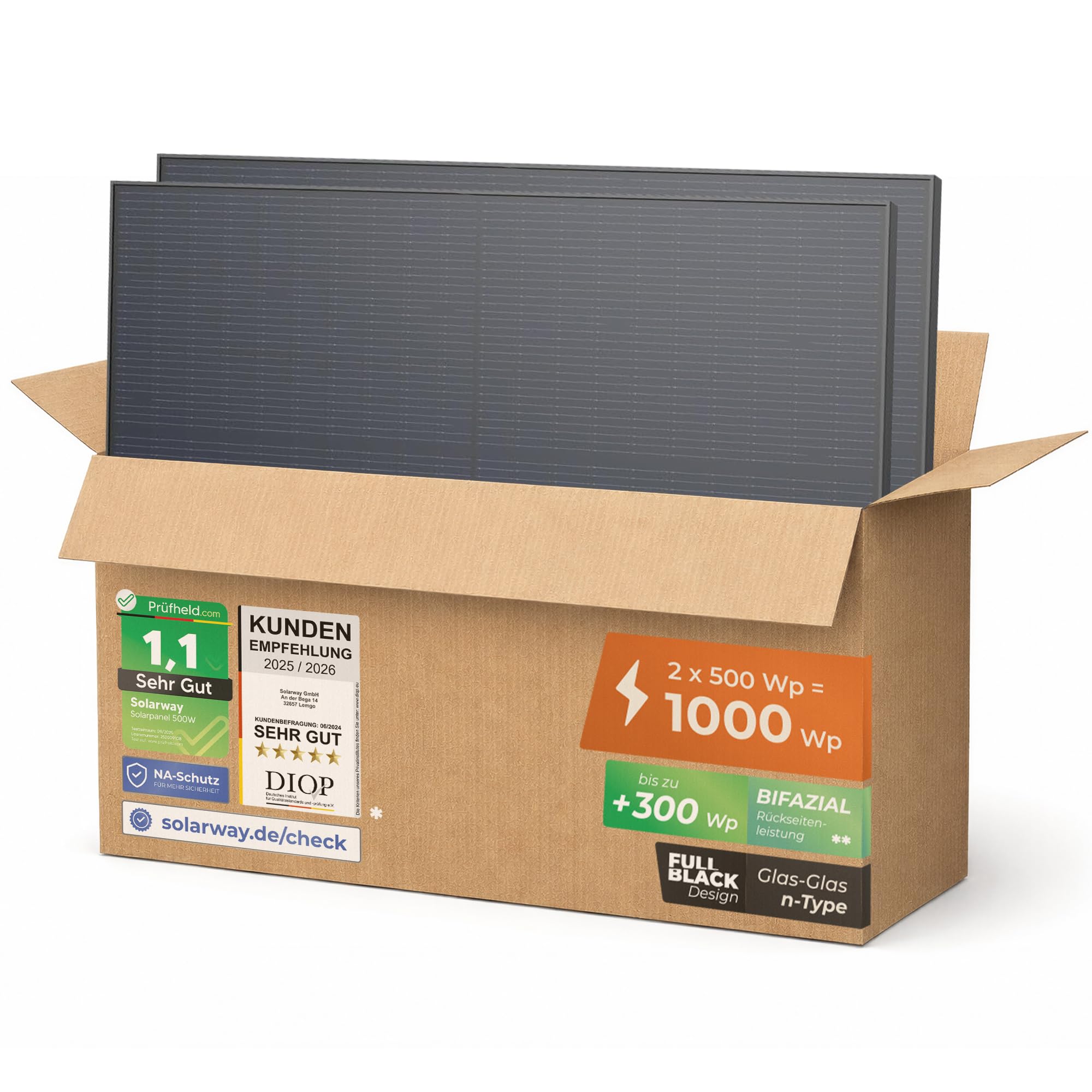 Solarway 500W Solarpanel Full Black Bifazial Glas/Glas PV Panel mit positiver Leistungstoleranz von 0-5 Watt, n-type, geeignet für Balkonkraftwerk 2 Angebot bei HelloDeals