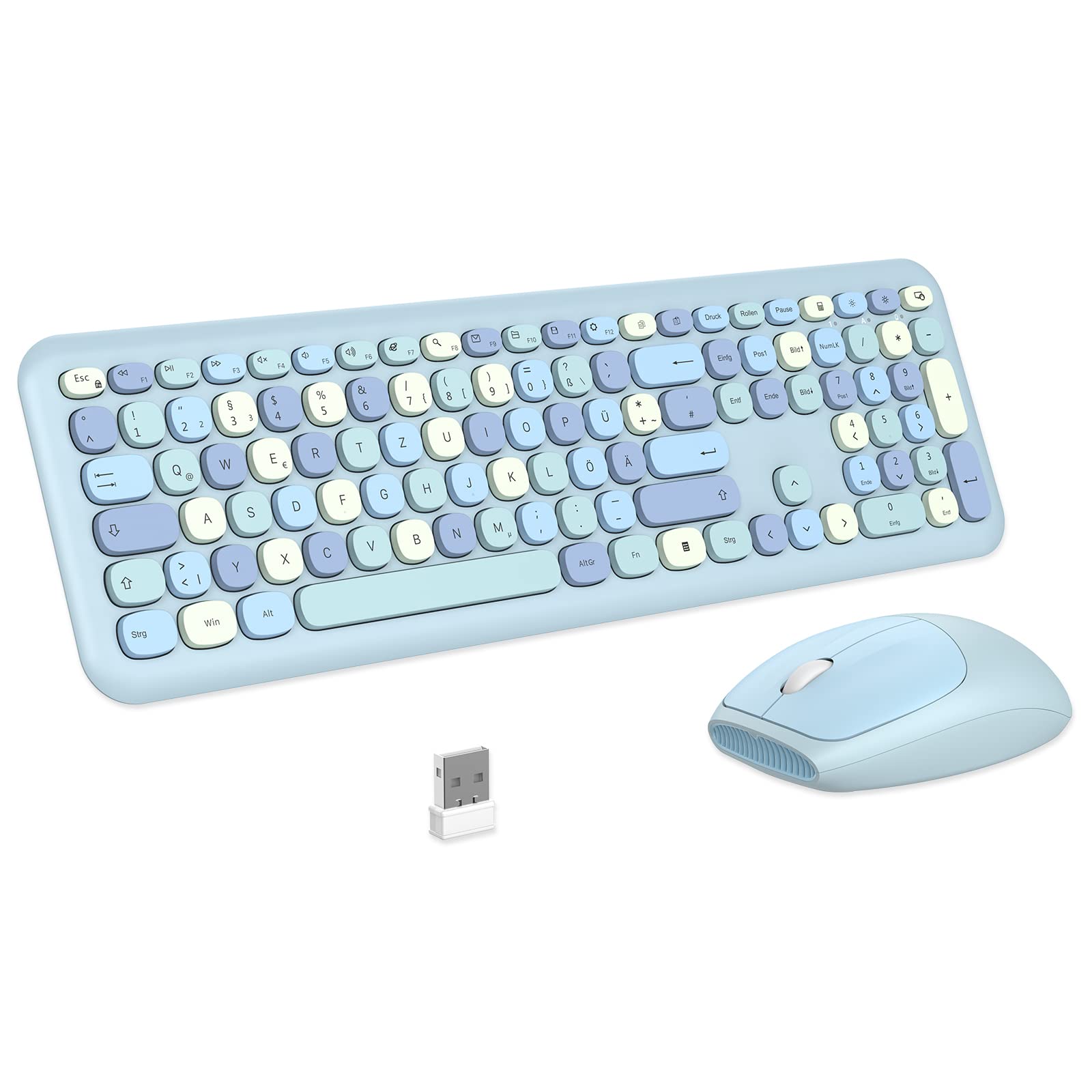 PINKCAT Tastatur Maus Set kabellos farbig, 2.4G Bunte Funktastatur mit Maus Retro Tastatur Cute Wireless Keyboard Silent Mouse für Computer/Desktop/PC/Laptop Geschenke - Blau Angebot bei HelloDeals