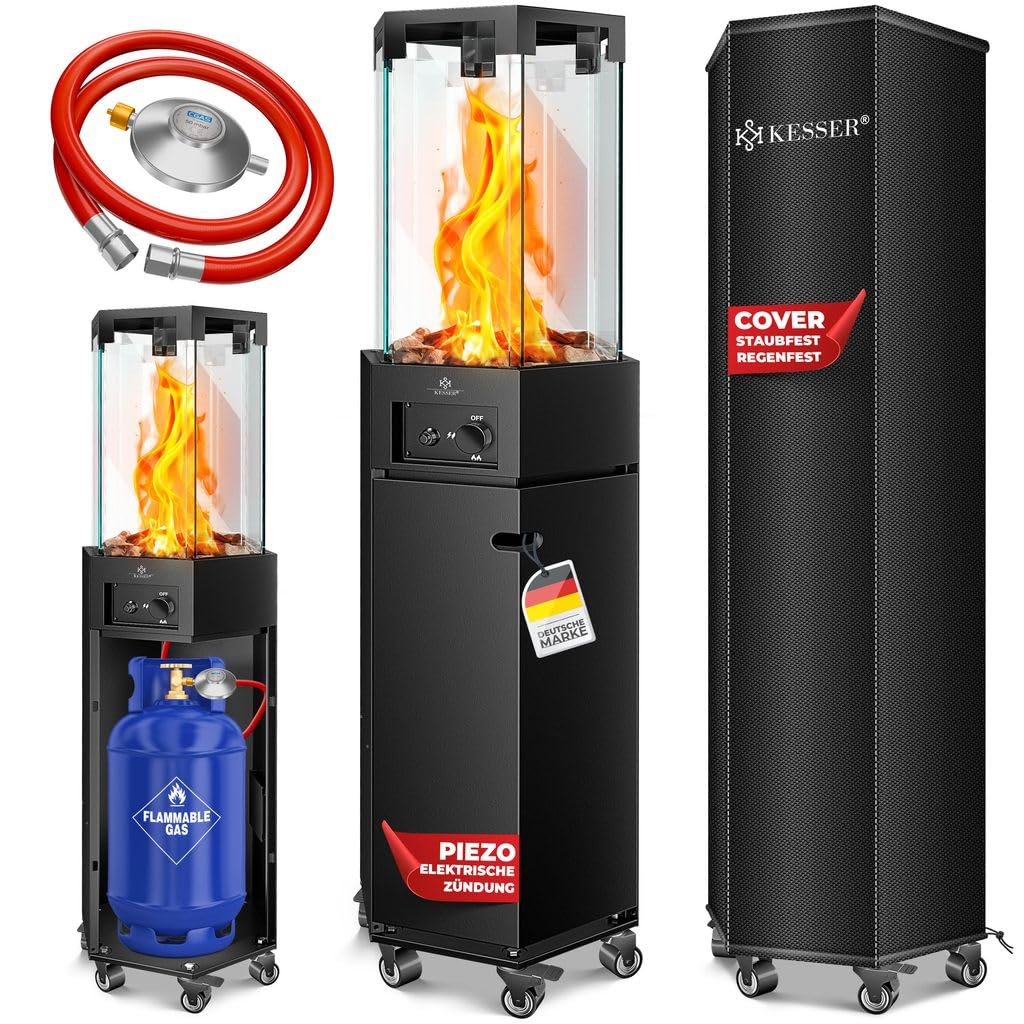 KESSER® Gasheizstrahler 4/8 kW Gas Piezozündung Heizung + Gasdruckregler + Cover, 360° Rollen Kippschutz, Terrassenheizstrahler Gasheizung Gasheizer Outdoor Kamin Mobiler Heizpilz, Heizer, Schwarz Angebot bei HelloDeals