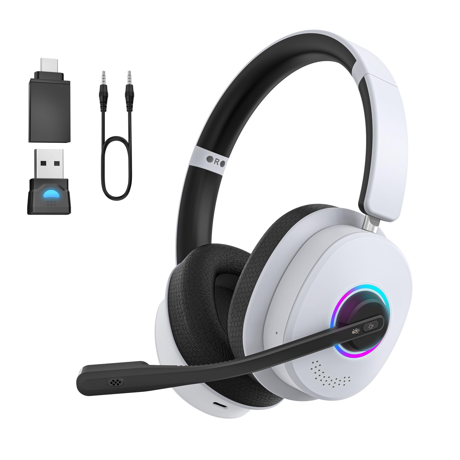 Gaming Headset für PS5/4, Xbox, PC, Switch, Mac, Headset mit Mikrofon Bluetooth 6.0, Kabellose Kopfhörer mit Stummschaltung & Rauschunterdrückungs, Verstellbar RGB Lichter, USB-Dongle, 91 Stunden Schwarz & Weiß Angebot bei HelloDeals
