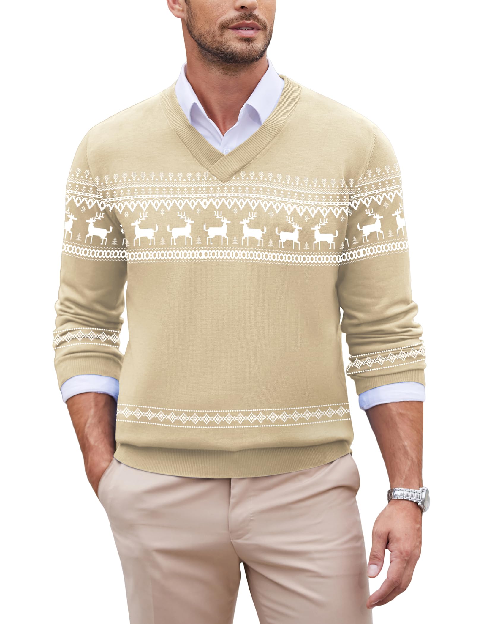 COOFANDY Weihnachtspullover Herren V-Ausschnitt Strickpullover Weihnachten Pullover Pulli Winterpullover Herren Christmas Sweater Weihnachtsrentier - Beige L Angebot bei HelloDeals