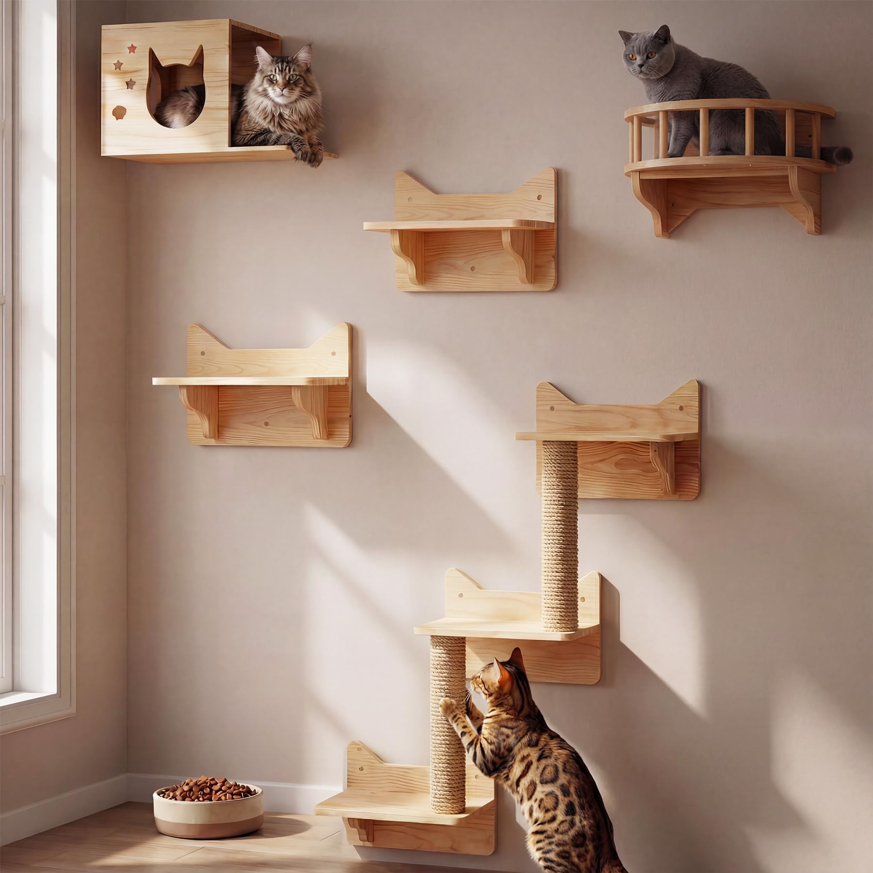 Katzen Wandregale, Katzenwandmöbel Set, Katzenregale und Sitzstangen für Wand, Kletterregal Spielplatz, Katzenkratzbaum mit 3 Stufen Wandregal Innen Wandmontage Cat Condos Haus 9 PCS Angebot bei HelloDeals