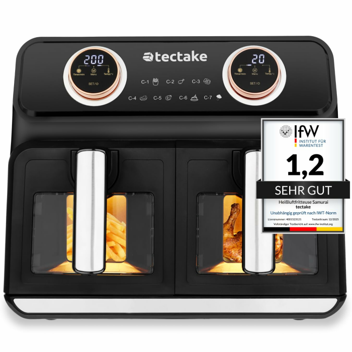 tectake® Heißluftfritteuse 2 Kammern, XXL Doppelkammer Airfryer mit 7 Programmen, 8L Dual Fritteuse mit Heißluft, Doppel Heißluftfritteuse mit Zubehör Rezeptheft, Heißluft Fritteuse ohne Öl, 2400 W Garraum: 2 X 4 L Angebot bei HelloDeals