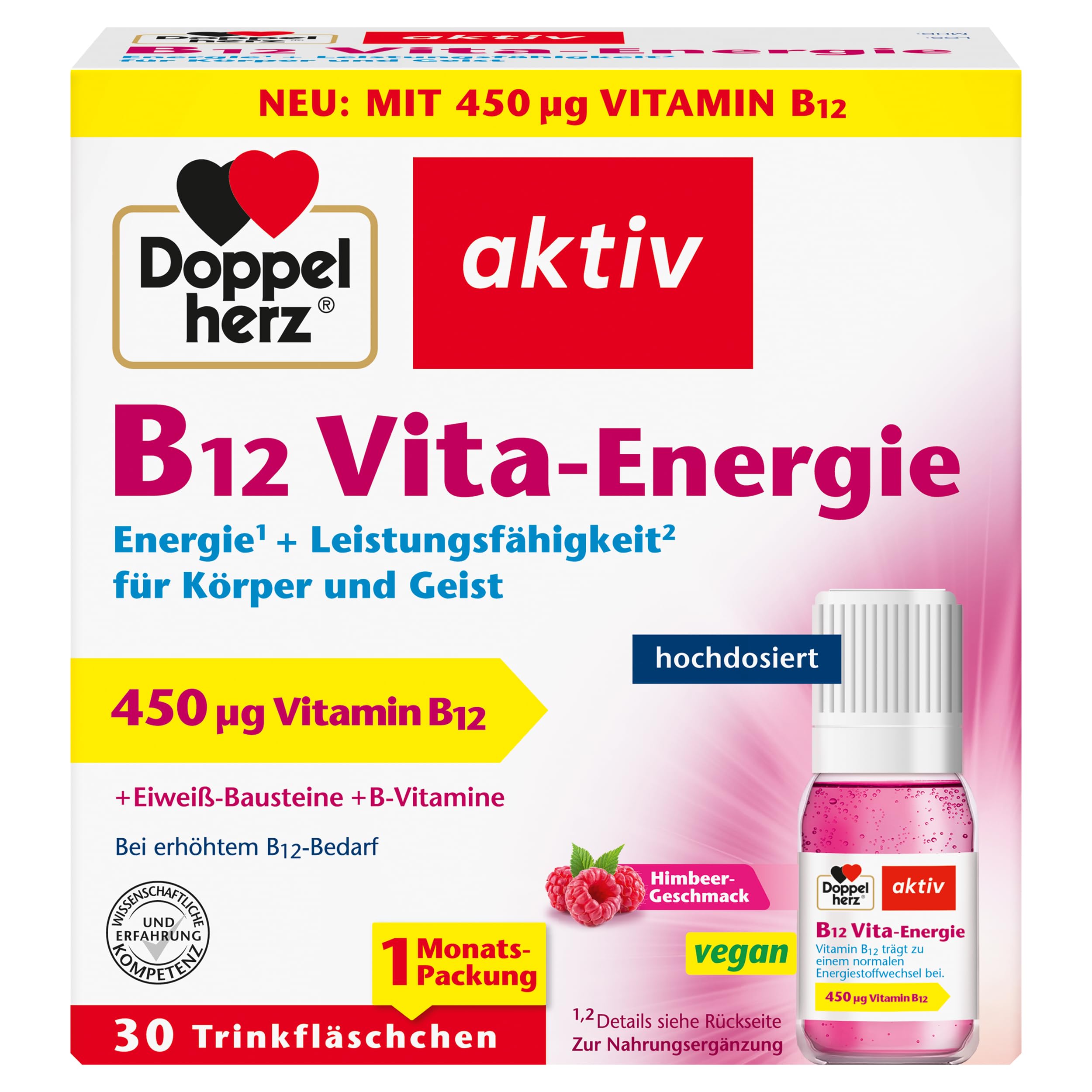 Doppelherz B12 Vita-Energie - Vegan und hochdosiert mit 450 µg Vitamin B12 pro Trinkfläschchen - 30 Trinkfläschchen mit Himbeer-Geschmack Angebot bei HelloDeals