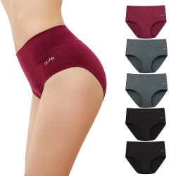 anqier Unterhosen Damen, 5er Pack Stretch Baumwolle Hohe Taille Slips Damen Atmungsaktiv Panties Weich Frauen Unterwäsche Schwarz + Grau + Rot XL Angebot bei HelloDeals