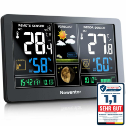 Newentor Wetterstation Funk mit Außensensor - Funkwetterstation mit Wettervorhersage, Temperaturwarnung, DCF Funkuhr - Batteriebetrieb und Netzbetrieb, Schwarz, 1 Außensensoren Schwarz 1*Station + 1*Außensensor Angebot bei HelloDeals