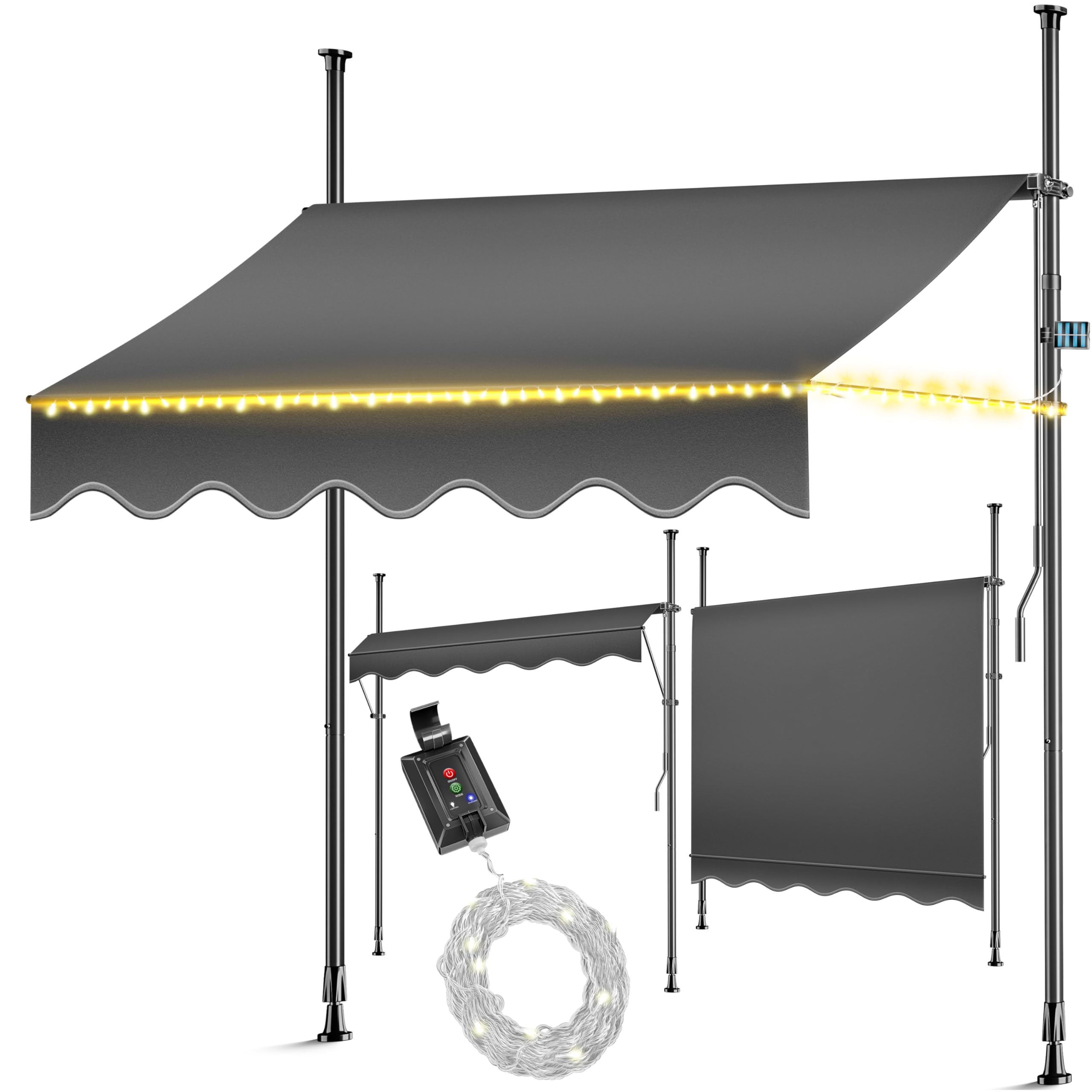 KESSER® Klemmmarkise mit Handkurbel & LED Lichterkette | Balkonmarkise ohne Bohren | Markise UV-beständig höhenverstellbar & wasserabweisend | Sonnenschutz für Balkon Terrasse & Garten 250cm 250cm Anthrazit - mit LED Angebot bei HelloDeals