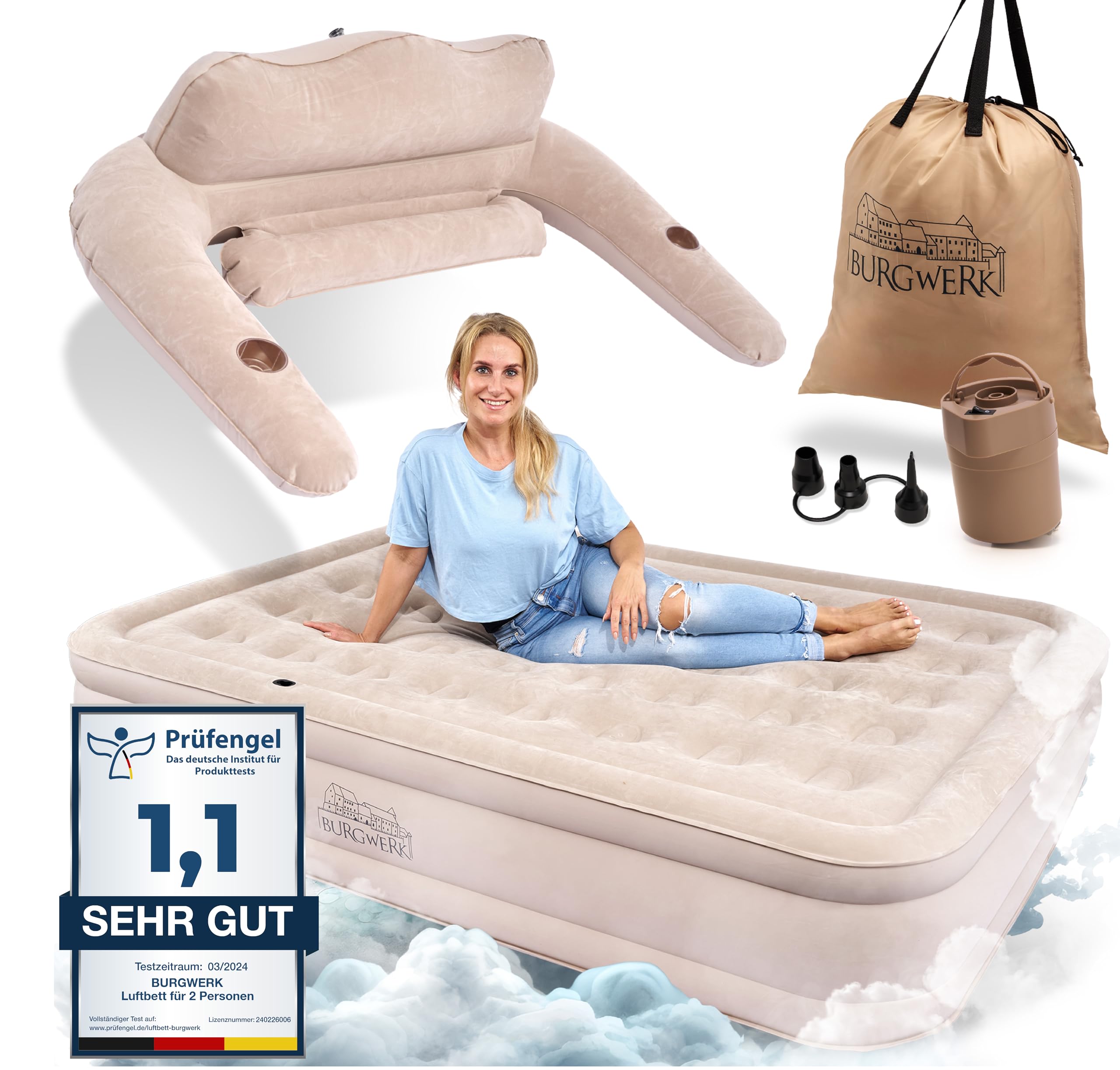 Premium Luftbett selbstaufblasend 2 Personen | Vielseitiges 3in1 Gästebett & Luftbett mit Rückenlehne | 203x152cm XL Size | aufblasbare Matratze mit Pumpe | Luftmatratze selbstaufblasend Beige 2 Personen Angebot bei HelloDeals