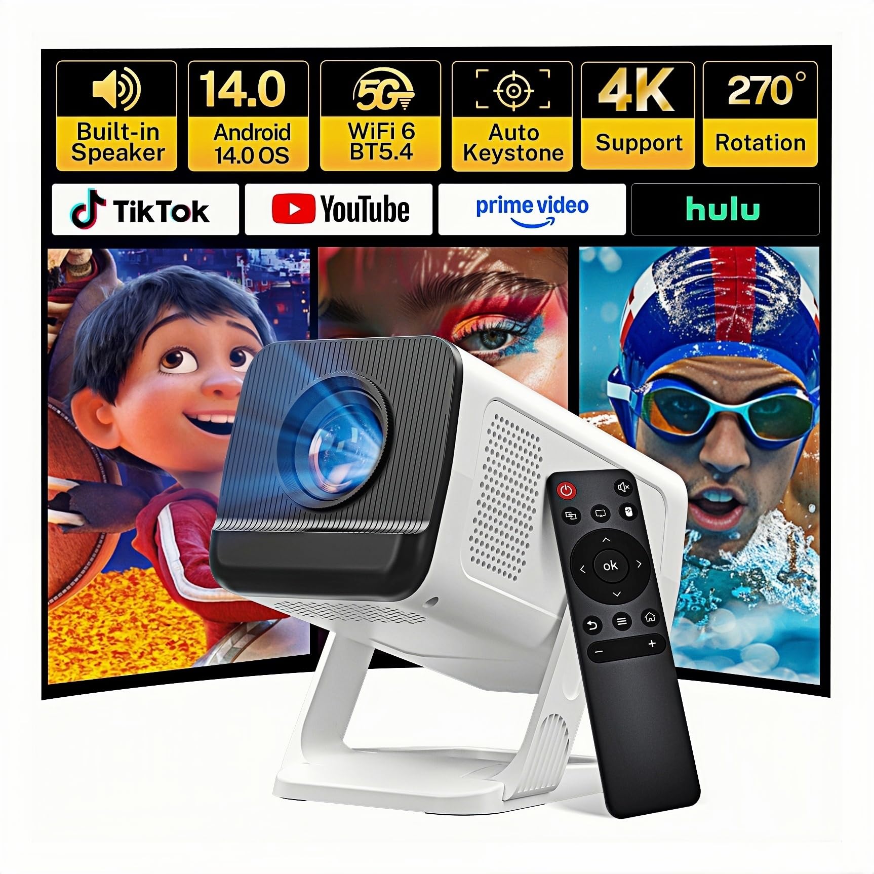 4K unterstützt Mini Beamer mit Android 14 OS Klein Projektor mit WiFi 6 Bluetooth 5.4, 270° Drehung Smart Portable Projector Kompatibel mit iOS/HDMI/USB/iPhone LYNCAST VisualCube 300 White Angebot bei HelloDeals