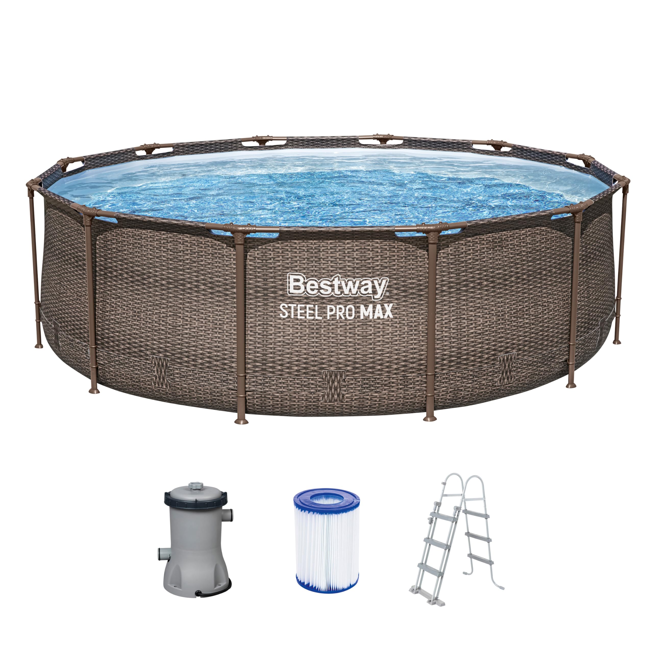Bestway Steel Pro MAX Frame Pool-Set mit Filterpumpe Ø 366 x 100 cm, Rattan-Optik (Schokobraun), rund Angebot bei HelloDeals