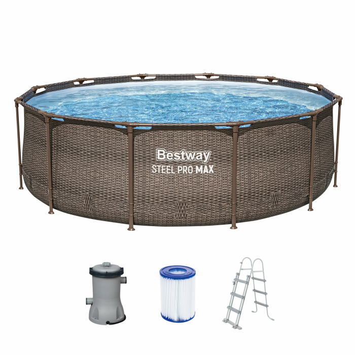 Bestway Steel Pro MAX Frame Pool-Set mit Filterpumpe Ø 366 x 100 cm, Rattan-Optik (Schokobraun), rund Angebot bei HelloDeals