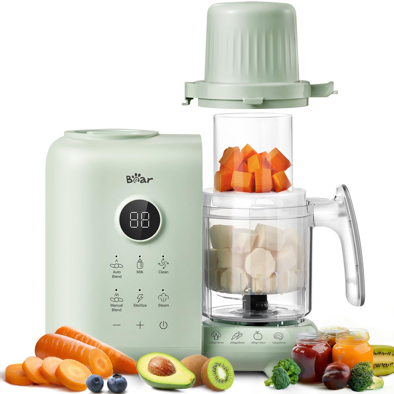 Bear 6-in-1 Dampfgarer mit Mixer Premium Babynahrungszubereiter,Dämpfen, automatisches Rühren, Milcherwärmung, Desinfektion, Selbstreinigungsfunktion, Automatische Reinigungsfunktion, BPA-frei (Grün) Angebot bei HelloDeals