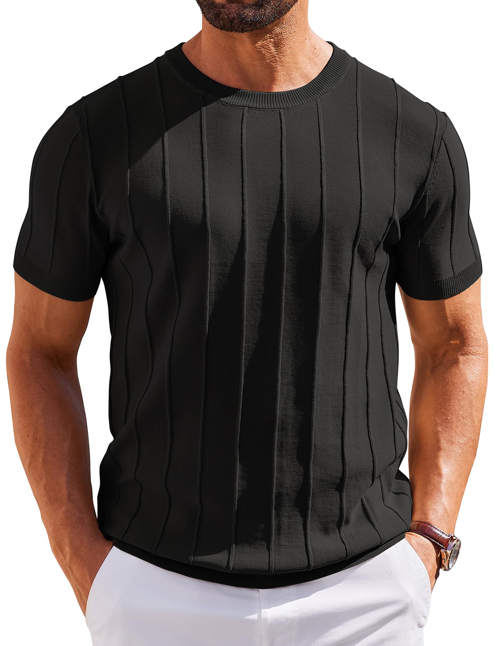 COOFANDY Herren T-Shirt Kurzarm Original Strick Shirt mit Rundhals Sommer Shirt Casual Gestreiftes Strickshirt Schwarz L Angebot bei HelloDeals