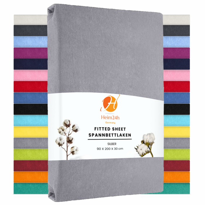 Heim24h Spannbettlaken 90x200cm bis 30 cm, Silber, 100% Baumwolle Bettlaken, Öko Tex Zertifiziert Jersey Spannbetttuch Silber 90x200x30 cm Angebot bei HelloDeals