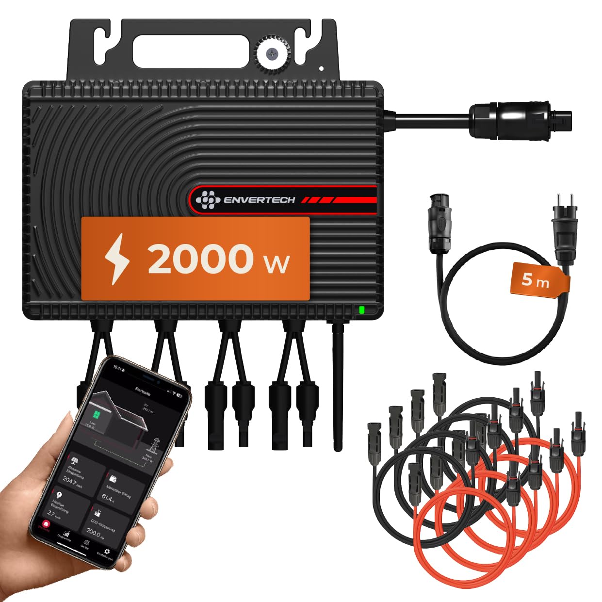 Solarway All In One Envertech Mikro-Wechselrichter 2000W Set inkl. 5M AC-Kabel & 8x2M DC-Kabel - für Balkonkraftwerk 800W-2000W für 4 PV Module - Black CASE - App & WiFi & Bluetooth (EVT-2000-SE) EVT-2000-SE (2000W) Angebot bei HelloDeals