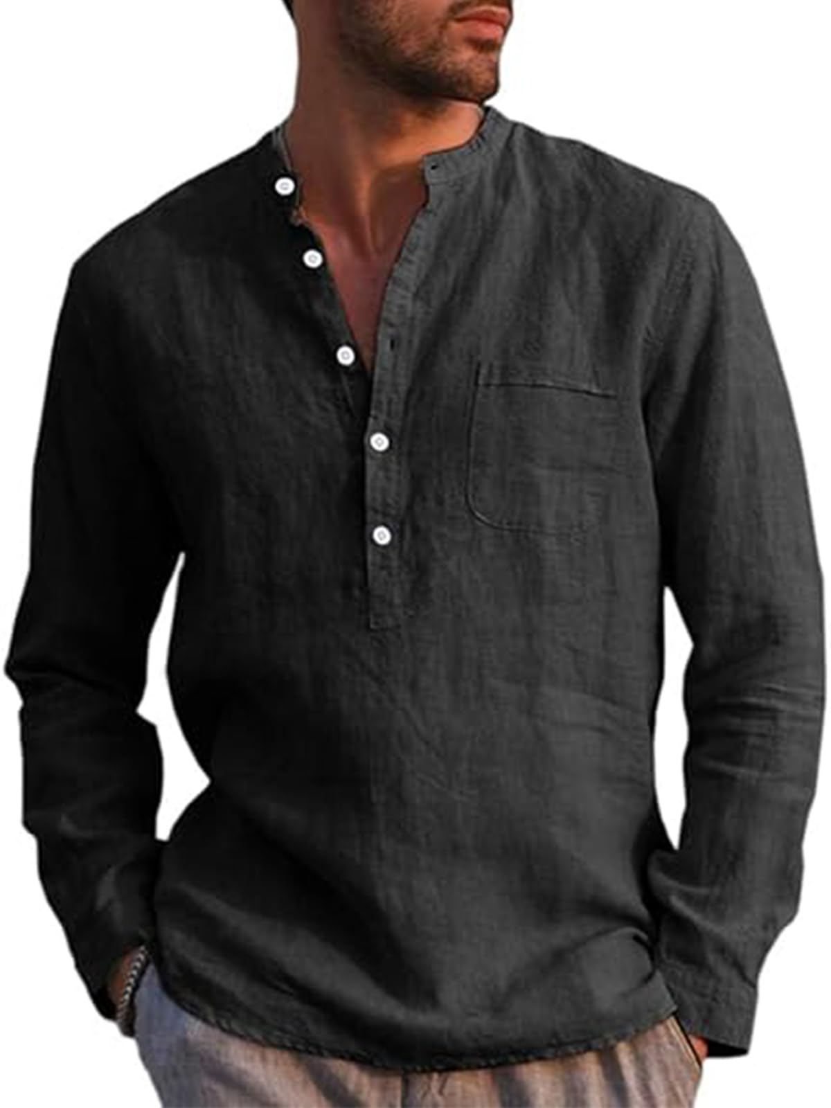 Runcati Herren Leinenhemd Langarm Baumwolle Leinen Shirt Männer Freizeithemd Regular Fit Strand Sommerhemd Schwarz XXL Angebot bei HelloDeals