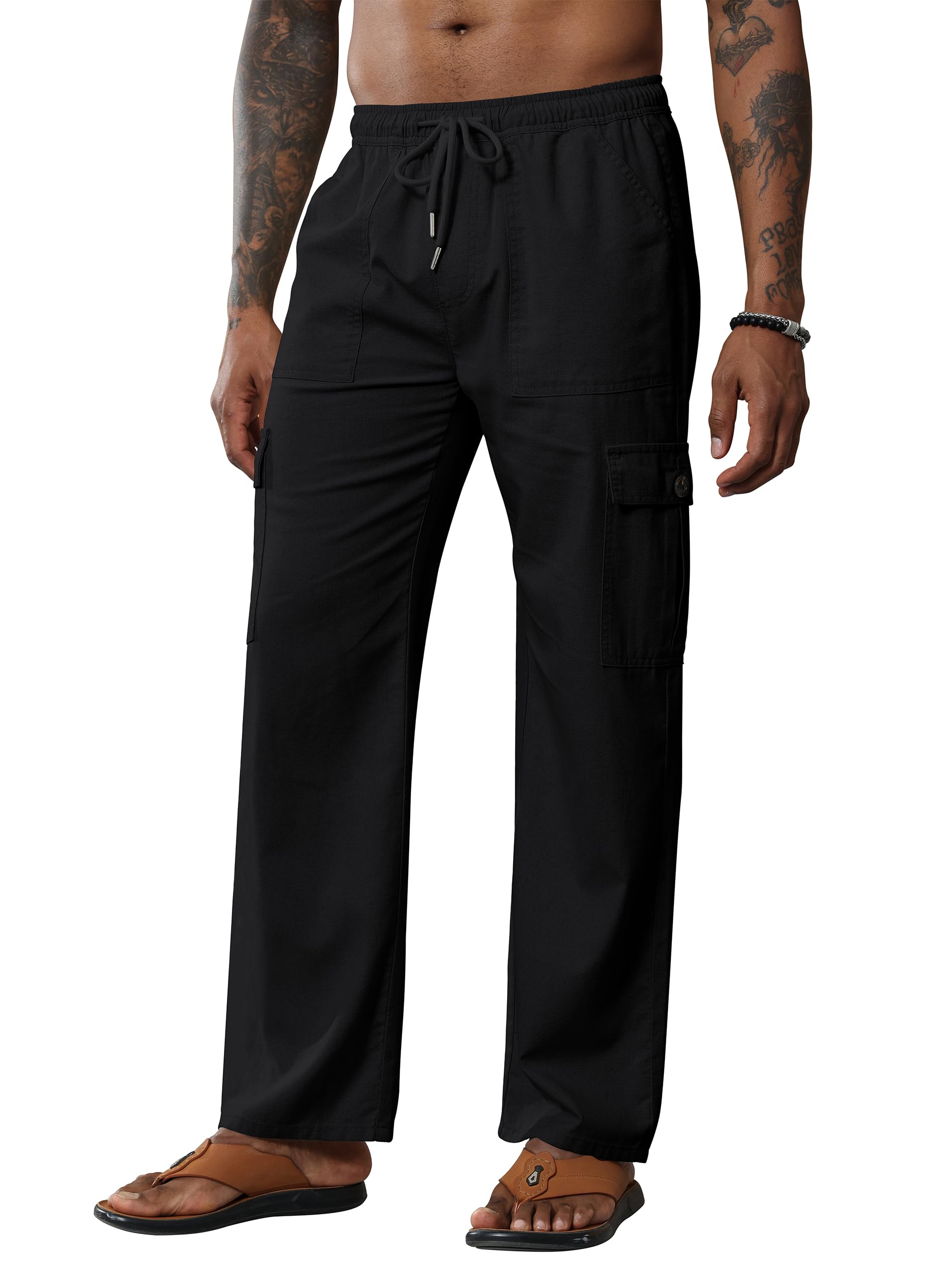 Herren Leinenhose Lang Leicht Sommerhose Baumwolle Cargo Loose Freizeithose mit Kordelzug L Schwarz Angebot bei HelloDeals