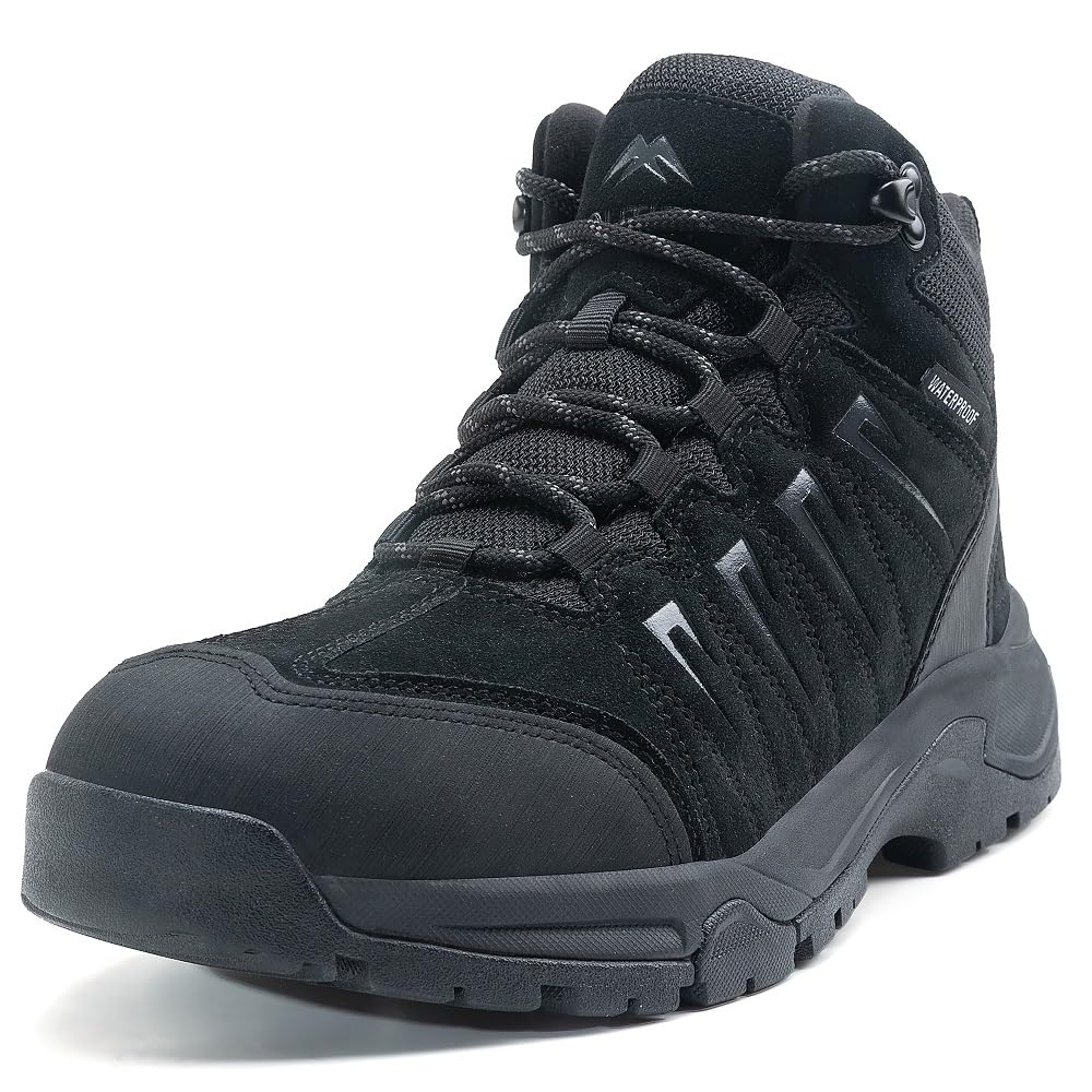 Wanderschuhe Herren Wasserdicht Leder, Outdoor Hiking Schuhe rutschfest und komfortabel Schwarz 43 EU Angebot bei HelloDeals