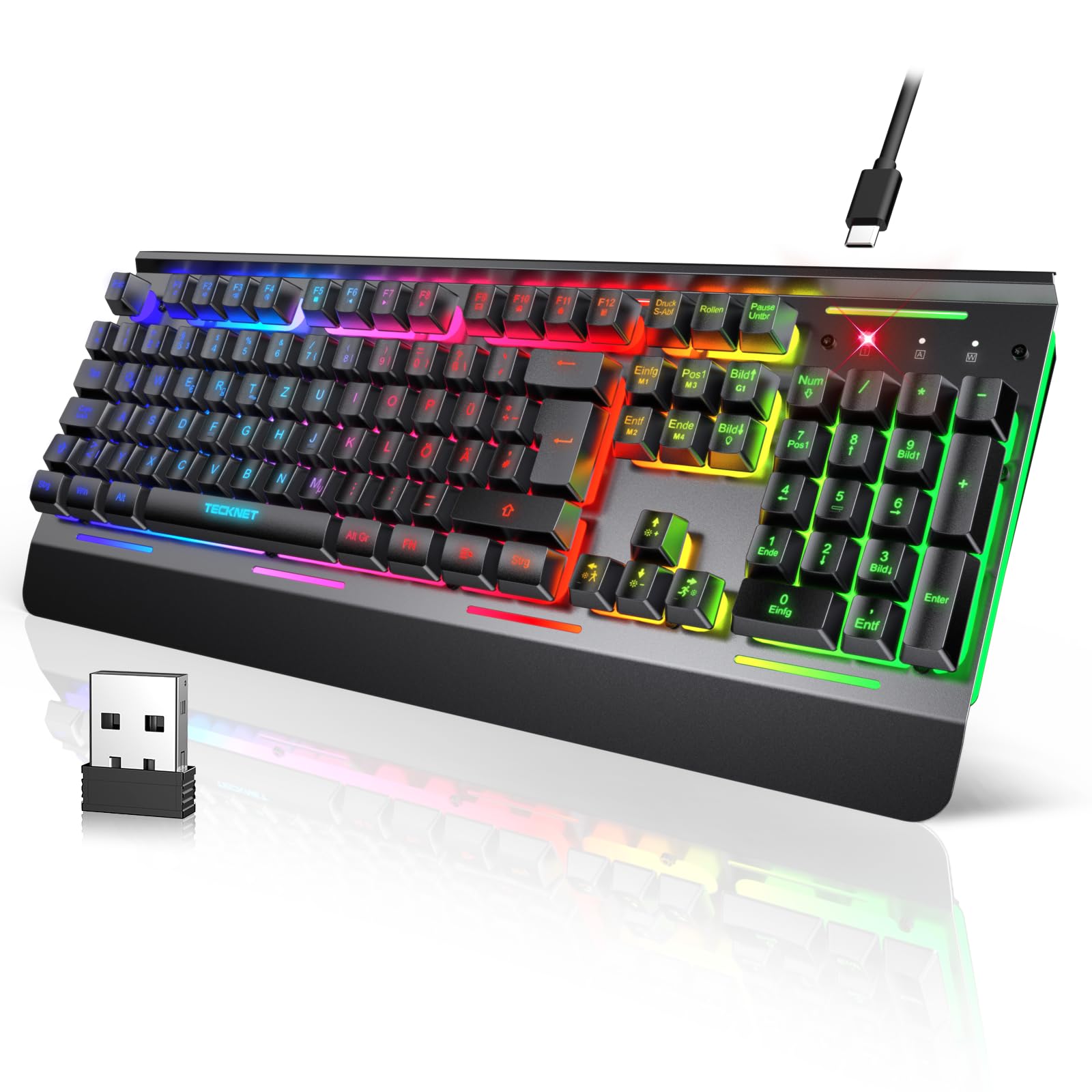 TECKNET Gaming-Tastatur Kabellos, QWERTZ-Tastatur (Deutsches Layout), Membran Tastatur mit 105 Tasten, Vollmetall-Pane, RGB Beleuchtung, Handgelenkauflage, 25 Anti-Ghosting-Tasten für Gamer & Büro Angebot bei HelloDeals