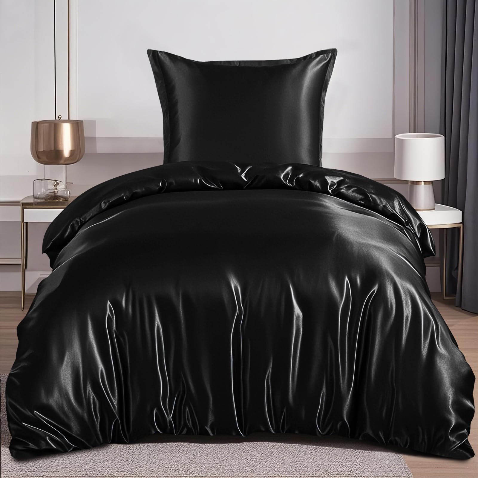 RUIKASI Satin Bettwäsche 135x200 Schwarz - Seidig Luxus Bettbezug mit Glanz wie Seiden Bettwäsche Set für Haar und Haut, Glänzend Bettwäsche 135x200cm mit Reißverschluss und Kissenbezug 80x80cm 135 x 200 cm 2 teilig Schwarz Angebot bei HelloDeals