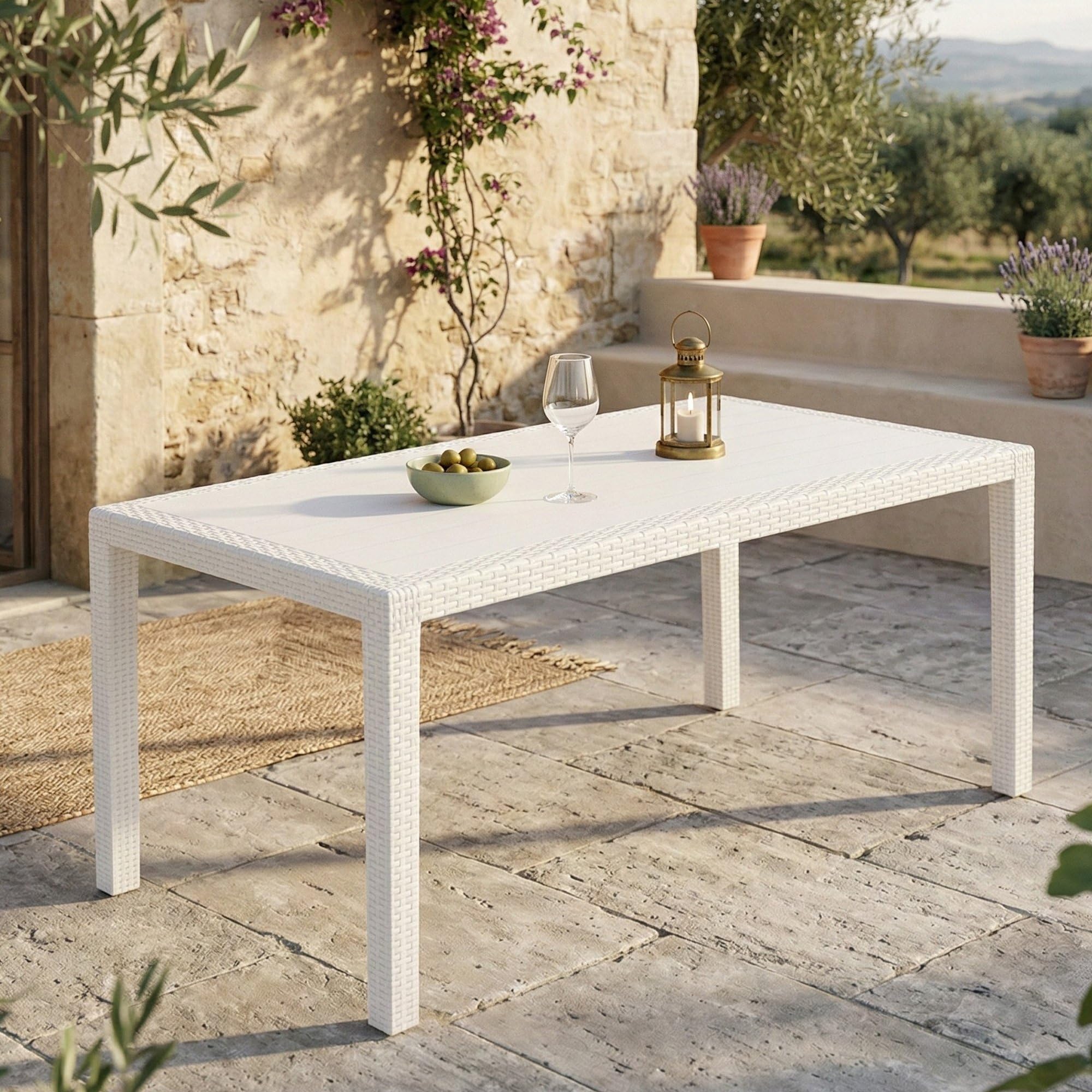 Dmora - Außentisch Imola, festes rechteckiges Regal, Mehrzweck-Gartentisch mit Rattan-Effekt, 100 % Made in Italy, 138 x 78 x 72 cm, Weiß Bianco 138x78x72 cm Angebot bei HelloDeals