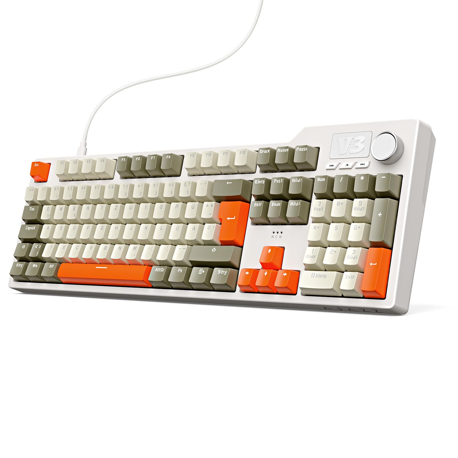 nacodex AJAZZ AK35I V3 Kabelgebundene Mechanische Tastatur, 104 Tasten Gaming Tastatur, Ausgestattet Mit Multimedia-Tasten Und Drehknopf, Mit Deutschem QWERTZ-Tastaturlayout, Grau Beige Orange Angebot bei HelloDeals