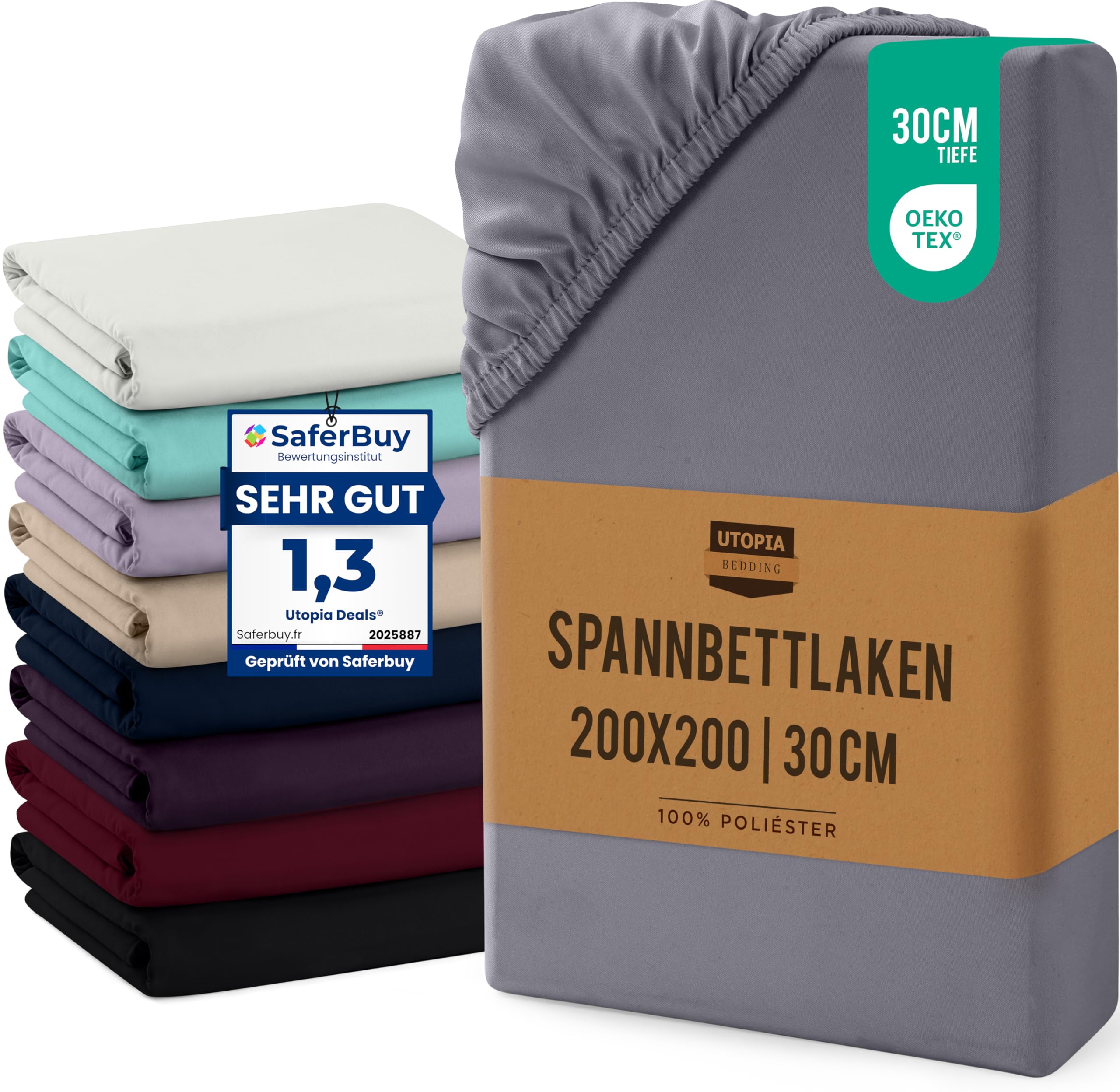 Utopia Bedding - Spannbettlaken 200x200cm Bis 30 cm - Grau - Oeko-Tex Zertifiziertes - Gebürstete Mikrofaser Spannbetttuch Grau 200 x 200 x 30 cm Angebot bei HelloDeals