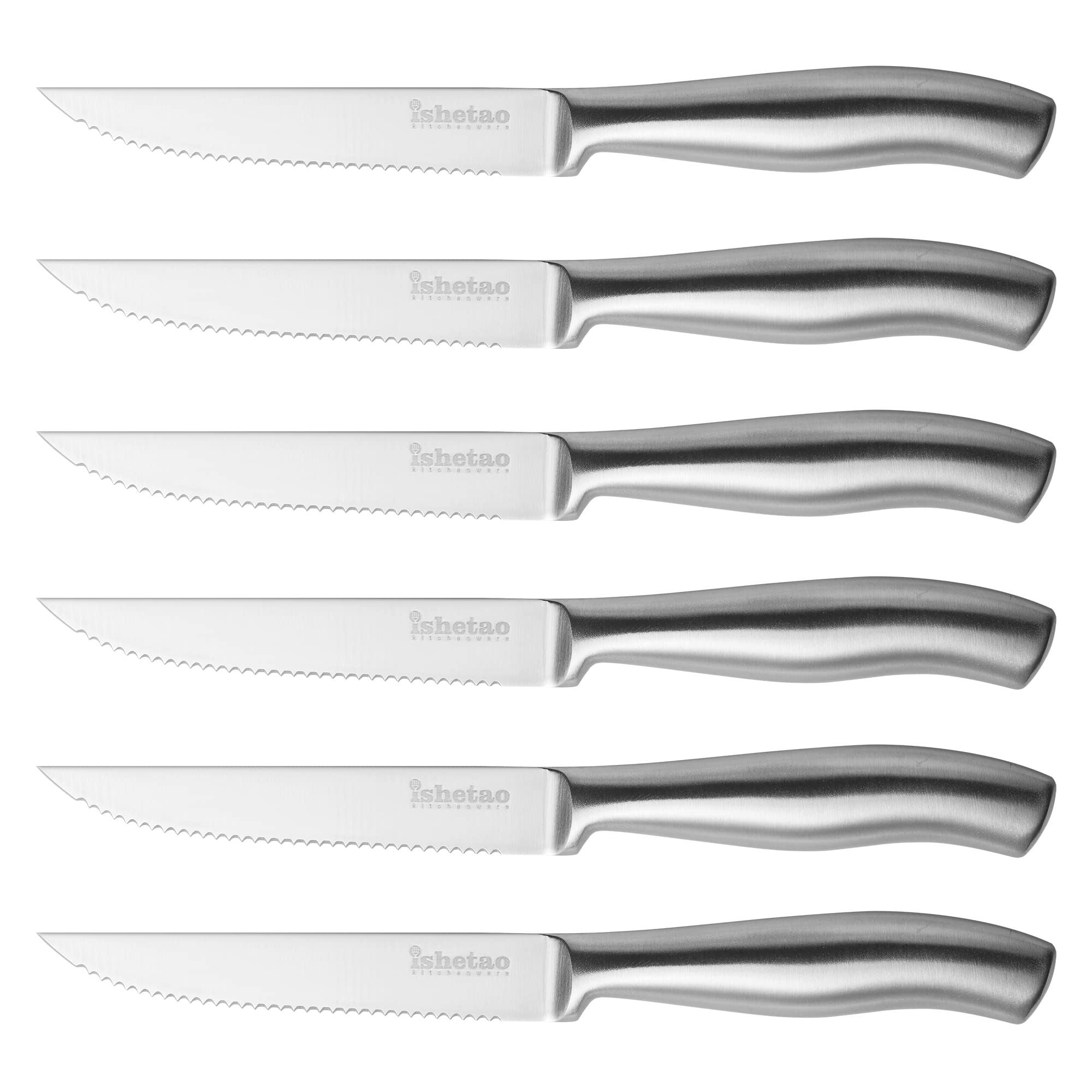 Steakmesser-Set, 6-teilig, Extra Scharfe Klinge, Wellenschliff, spülmaschinengeeignet, 12 cm, Rostfreier Stahl, Silber 6 teilig Angebot bei HelloDeals