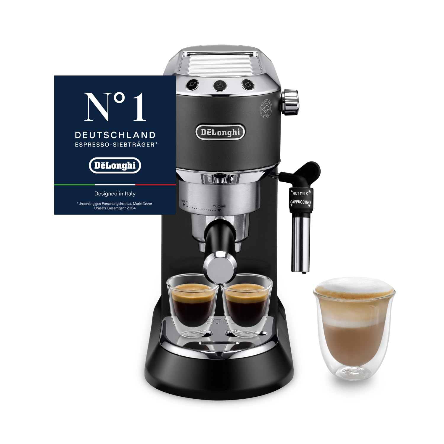 De'Longhi Dedica Style - Perfetto Kompakte Siebträgermaschine Espressomaschine mit Tasten, manuellem Milchaufschäumer für Espresso und Cappuccino, ESE Pad geeignet, 15cm breit, Schwarz (EC685.BK) Schwarz Dedica Angebot bei HelloDeals
