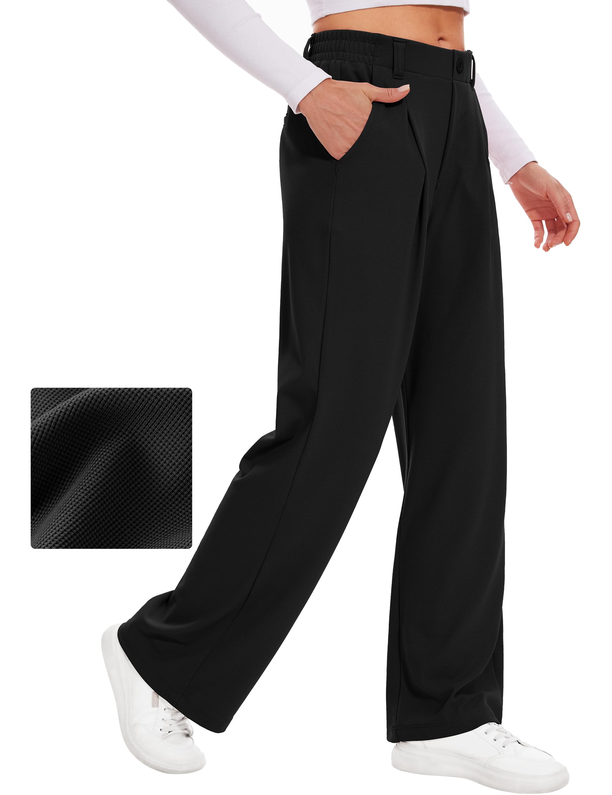 Desol Hosen Damen Waffel Lang Palazzo Hose Elegant Stoffhose Anzughose Damen Weite Sommerhose mit Taschen High Waist Hose Damenhose Weites Bein XL Schwarz Angebot bei HelloDeals
