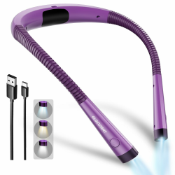 Glocusent Leselampe Hals, Leselampe Buch mit 3 Farben & 6 Helliggkeitsstufen, Nackenlampe Wiederaufladbar 80 Stunden Dauer, Biegbare Arme, Leselicht für Lesen Stricken Camping Reparieren Original Lila Violett Angebot bei HelloDeals