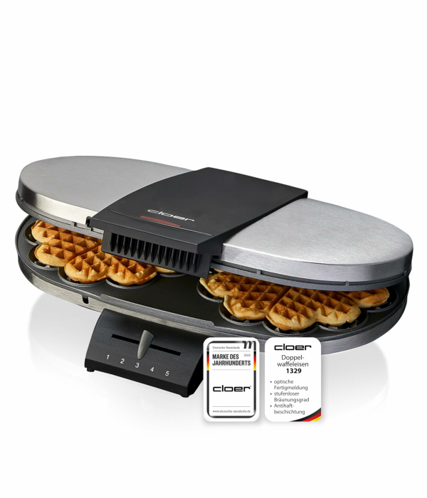 Cloer 1329 Doppelwaffeleisen für 2 Herzwaffeln mit 15,5 cm Durchmesser, Waffeleisen mit Antihaftbeschichtung, Edelstahlgehäuse, stufenlosem Bräunungsgrad und optischer Fertigmeldung, PFAS-frei, 1700 W Edelstahl Single Angebot bei HelloDeals