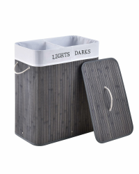 Juskys Bambus Wäschekorb Curly Grau 100L - Hygienischer Wäschekorb mit Deckel, Tragegriff & Wäschesack - 2 Fächer - Natürliche Bambus Optik Angebot bei HelloDeals