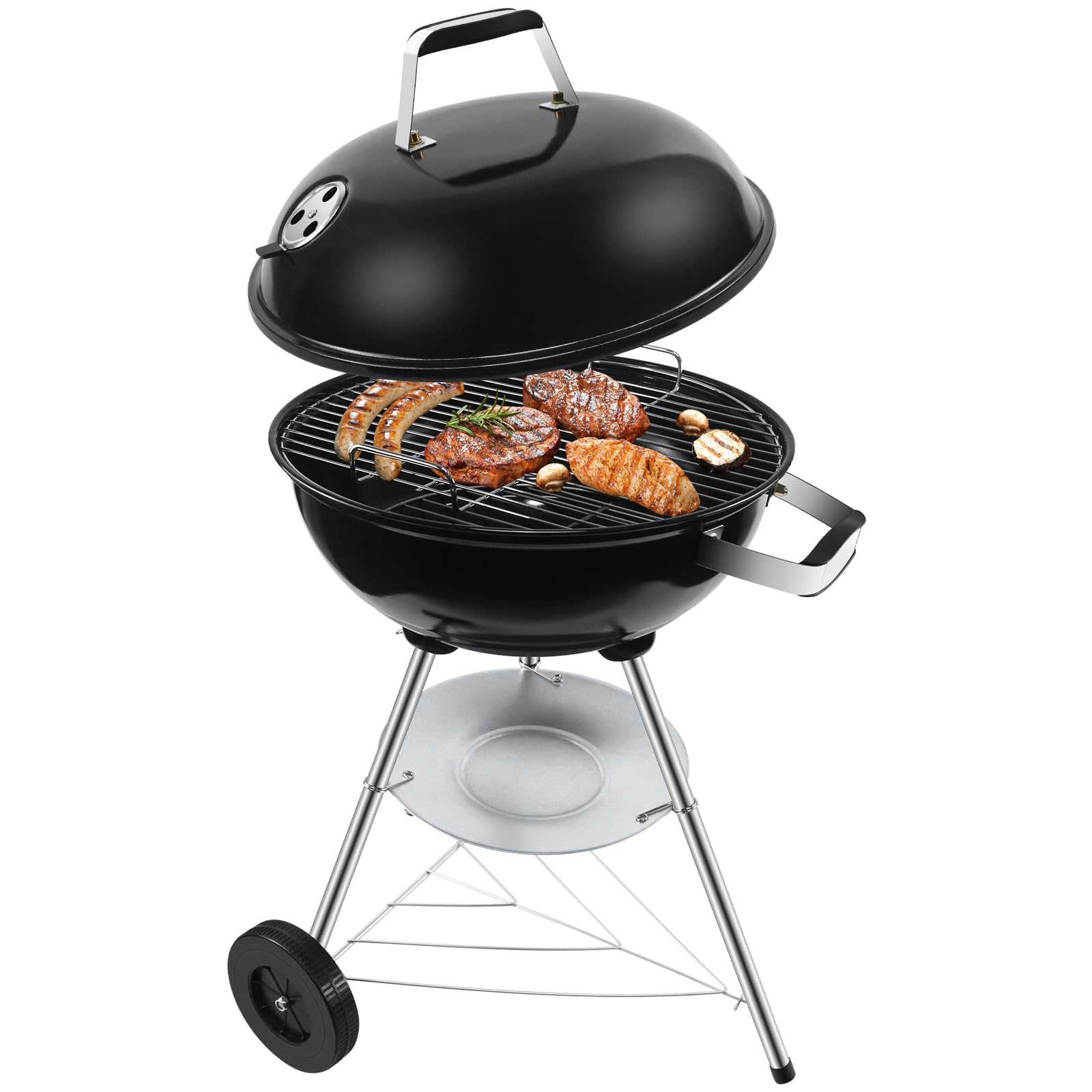 Kugelgrill Holzkohlegrill mit porzellanemaillierten Deckel & Kessel, Kohlegrill rund mit Dreibein-Länder und Räder, Schwarz, 51x46.5x78 cm Medium Angebot bei HelloDeals