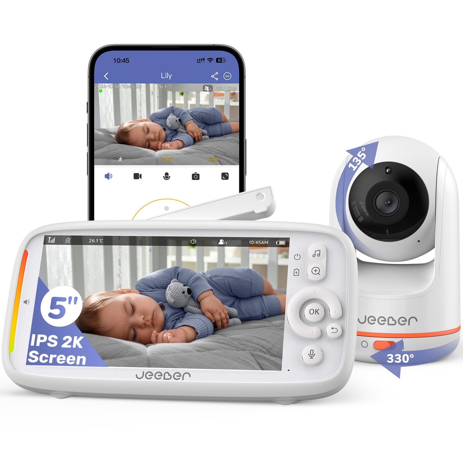 2K/3MP Babyphone mit Kamera APP, 360°, 5" WLAN Video Babyfone, HDR-Nachtsicht, Weinen/Bewegungs/Geräusch-Erkennung, Temperaturanzeige, hohe Reichweite, Bereich alarme, ohne ABO Eine Kamera & Eine Bildschirm Angebot bei HelloDeals
