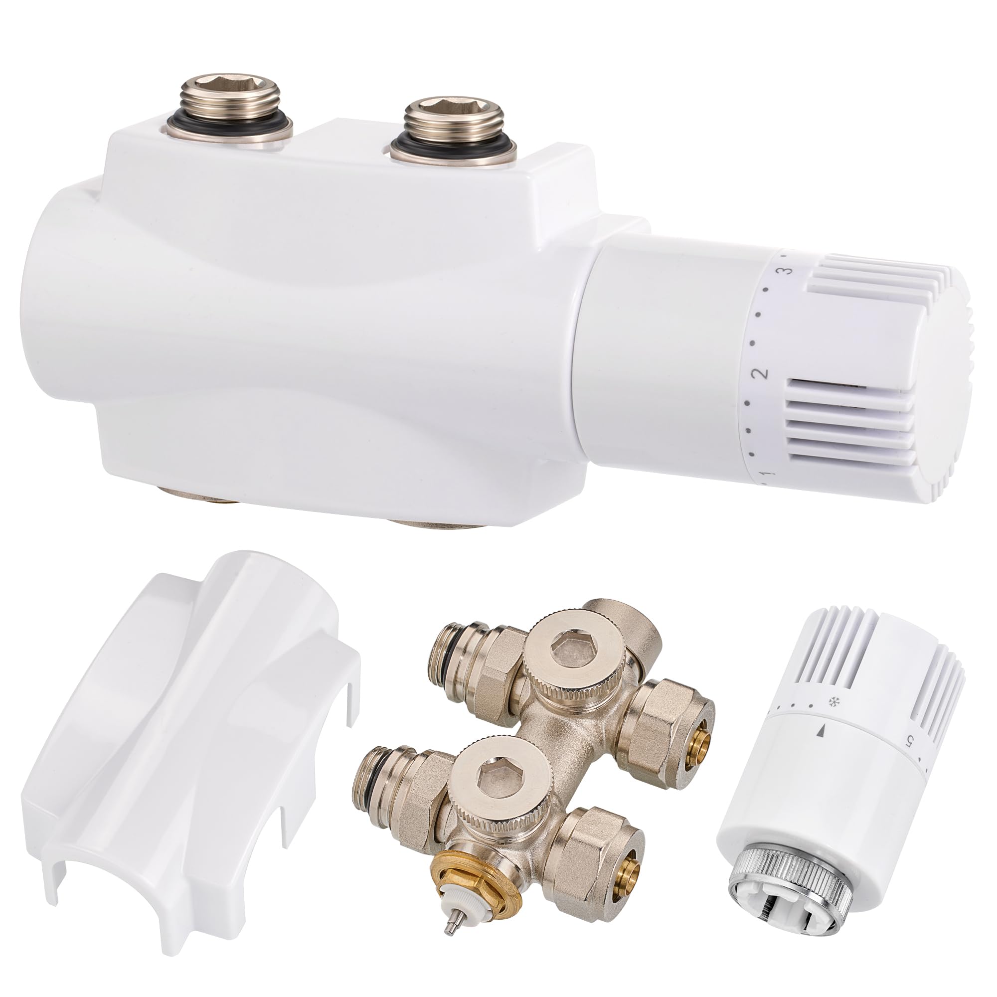 Multiblock Set für Heizkörper Anschlussarmatur mit Thermostat, Hahnblock Heizkörper Ventil Eck- und Durchgangsform, Heizkörperventil für Badheizkörper Heizungszubehör WeiB G1/2" Angebot bei HelloDeals