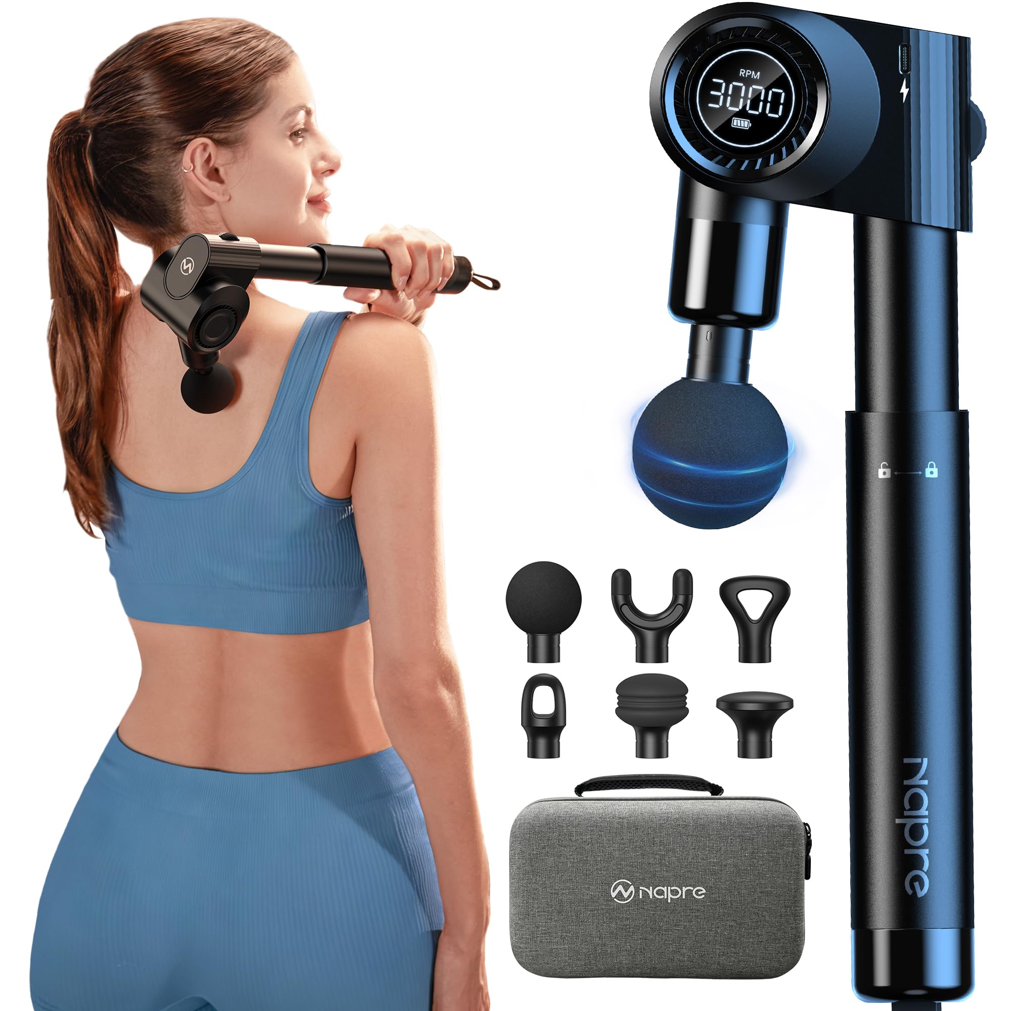 Massagepistole,Napre Faltbare Massage Pistole Massage Gun mit Verlängerungsgriff und Einstellbaren Winkeln,Muskel Percussion Massagegerät für Schulter Körper Rücken,32 Geschwindigkeiten,6 Aufsätze Angebot bei HelloDeals