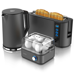 Arendo - Wasserkocher mit Toaster SET und Eierkocher Edelstahl Cool Grey Wasserkocher 1,5L 40° - 100°C Toaster 2 Scheiben LED-Display 6 Bräunungsgrade Eierkocher 1-8 Eier Messbecher A: Cool Grey Angebot bei HelloDeals