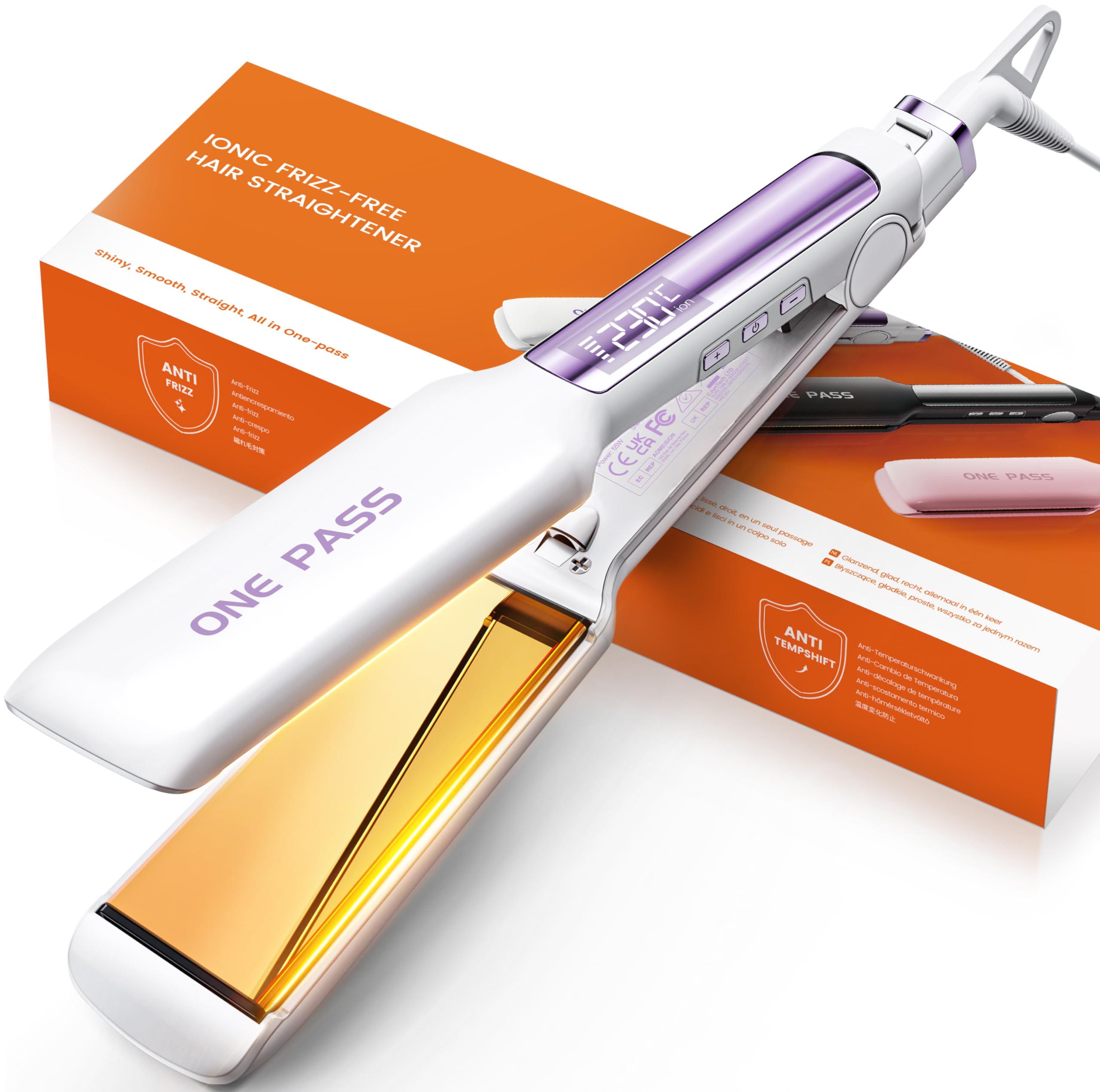 Faszin Professionelle Glätteisen, 42mm Breite Titanplatten mit Negativer Ionenfunktion, 30s Schnelles Aufheizen, Echtzeitanzeige der Temperatur, 11 Einstellbare Temperaturstufen (130-230℃) (Weiß) Weiß 42mm Angebot bei HelloDeals