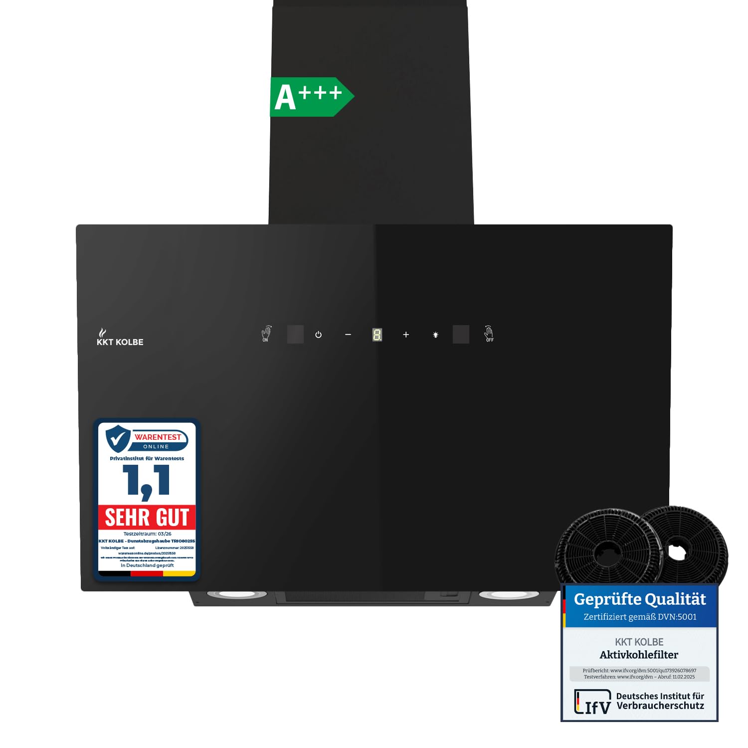 KKT KOLBE Dunstabzugshaube 80cm | Umluft Abluft | 782cbm/h | Wandhauben Kopffrei | Schwarz | Glas | Gestensteuerung | SensorTouch Bedienung | LED-Beleuchtung | TRIO8025S Schwarz 80 cm Angebot bei HelloDeals