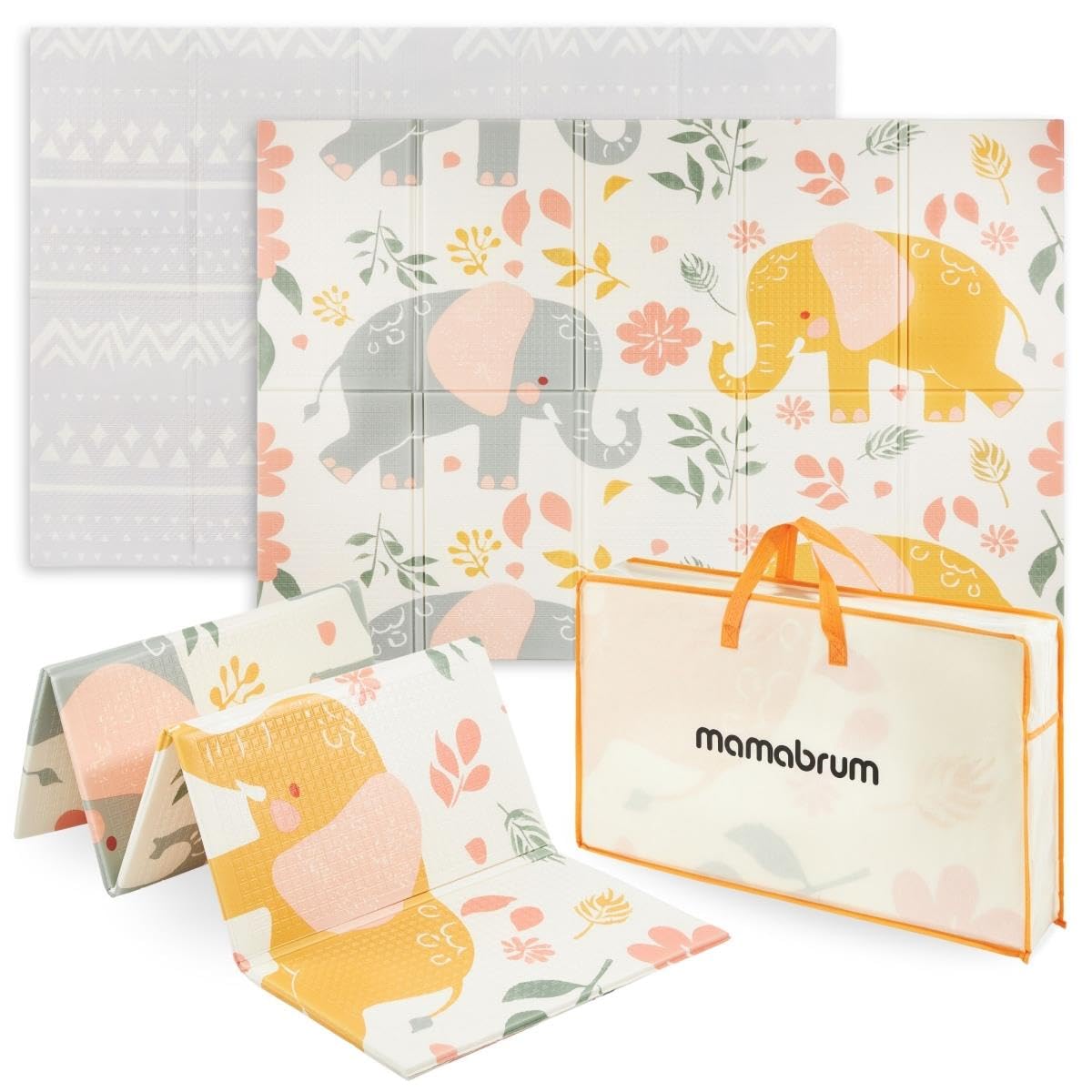 Mamabrum Krabbelmatte Baby Faltbar XXL, Doppelseitige Spielfläche aus XPE Schaumstoff, Wasserabweisend, Spielmatte Baby - 180 x 120 x 1 cm - mit Tragetasche Exotischer Elefanten/Feines Grau Angebot bei HelloDeals